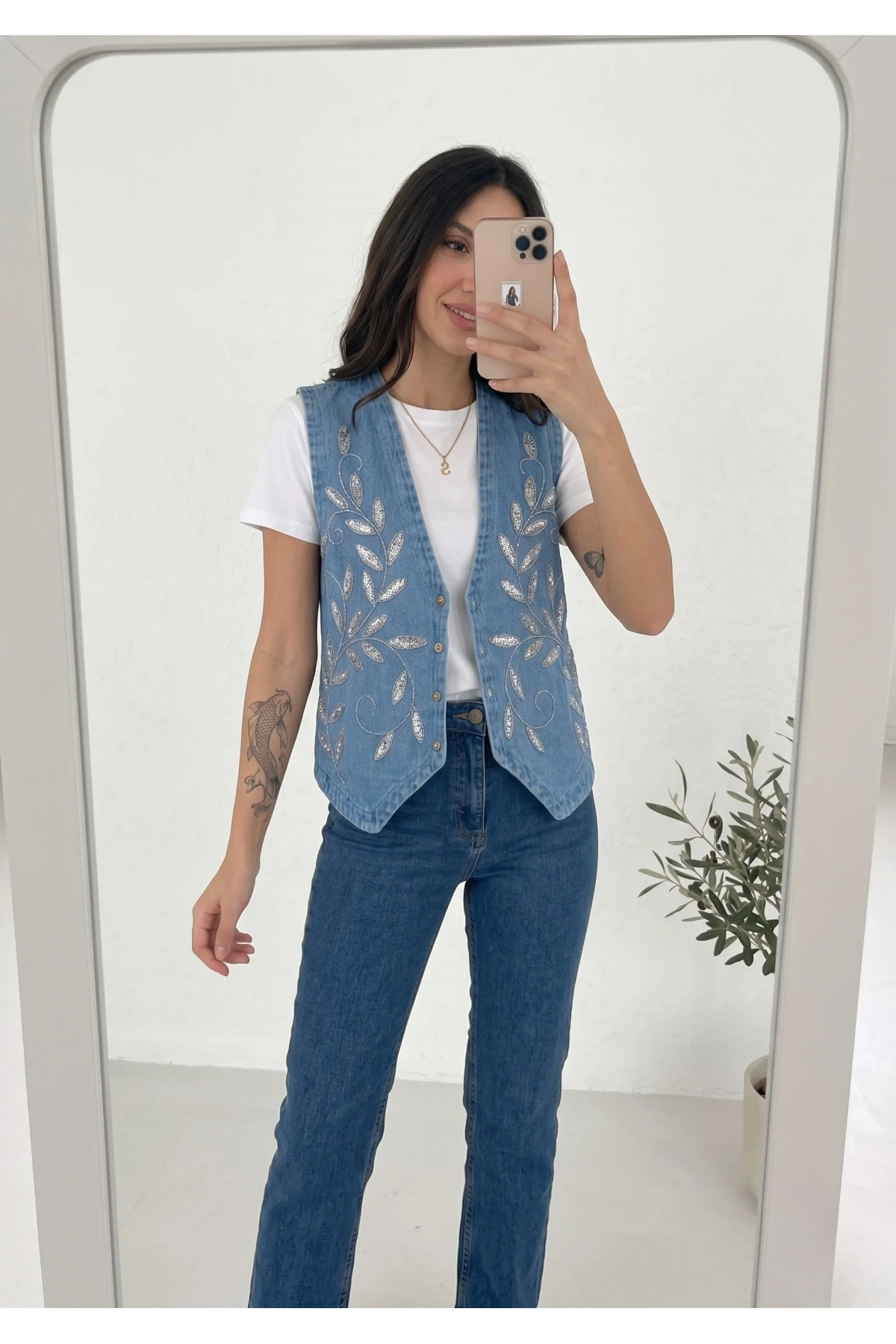 Kadın Mavi Boncuk İşlemeli Jean Yelek Pamuklu V Yaka Denim Payetli Sıfır Kol
