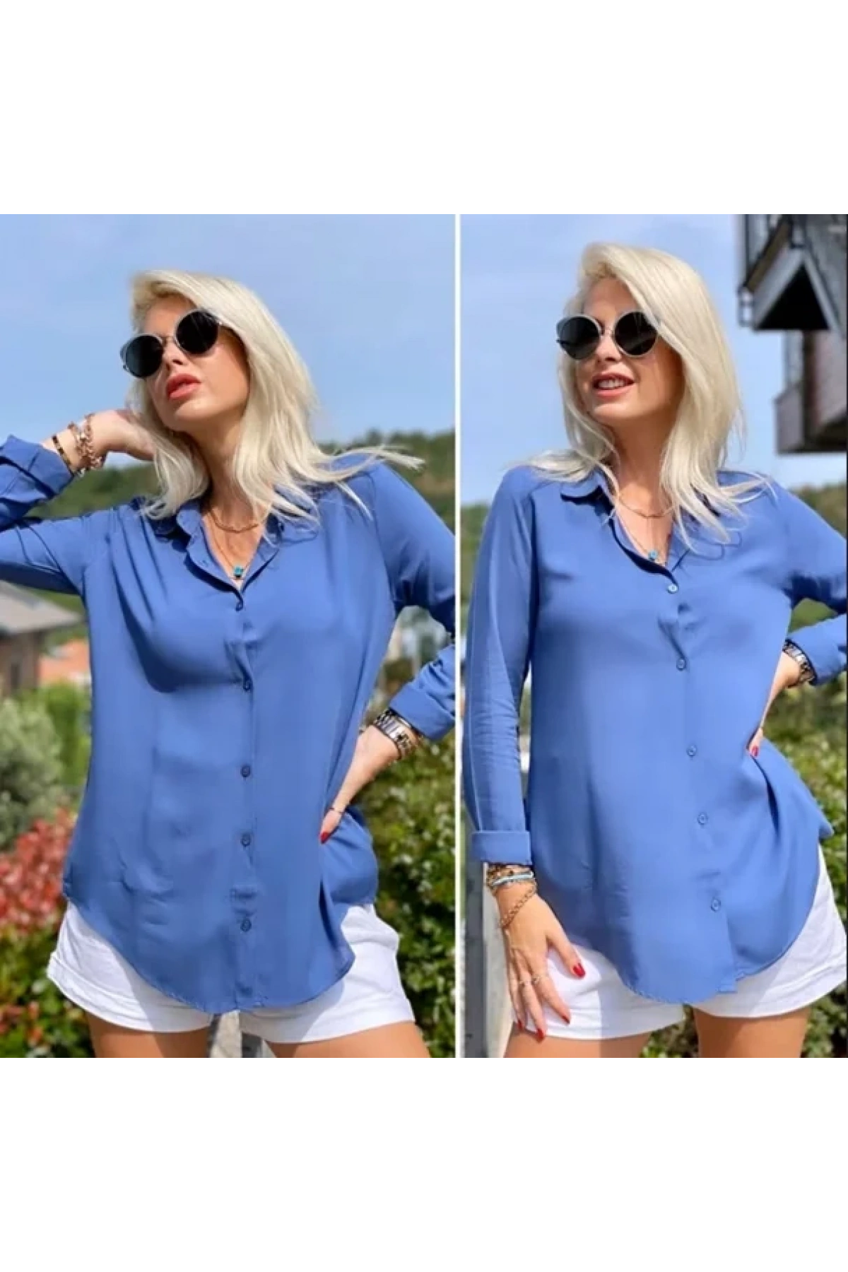 Kadın Mavi Düz Renk Dokuma Uzun Kollu Manşetli Düğmeli Pamuklu Viskon Basic Gömlek