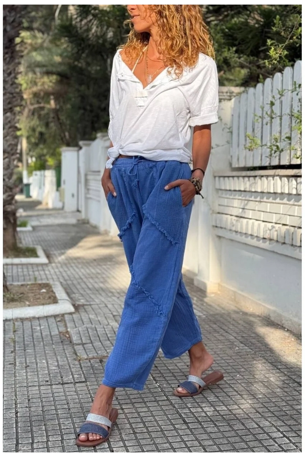Kadın Mavi Keten Cepli Yıkamalı Bohem Pinterest Salaş Bol Paça Pantolon Yüksek Bel