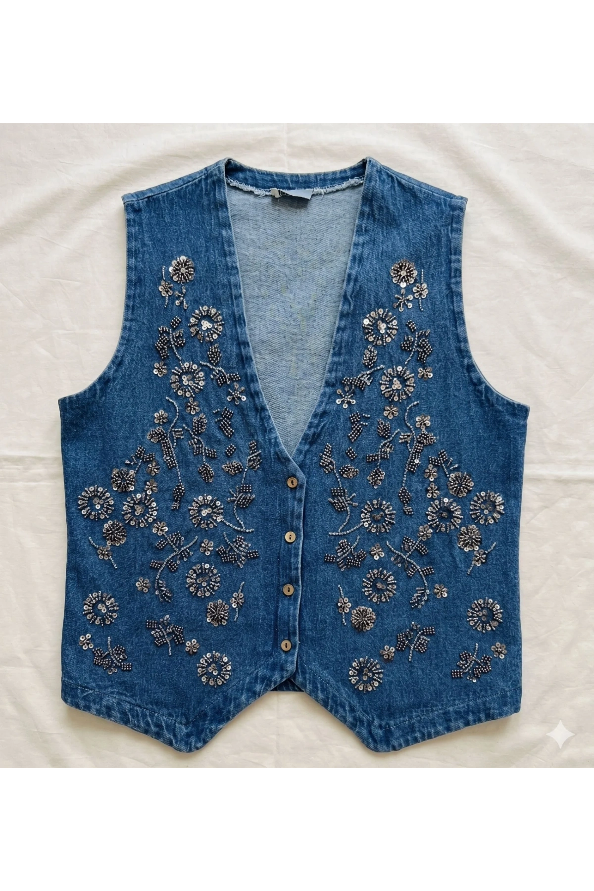 Kadın Mavi Taş İşlemeli Jean Yelek Pamuklu V Yaka Denim Payetli Sıfır Kol