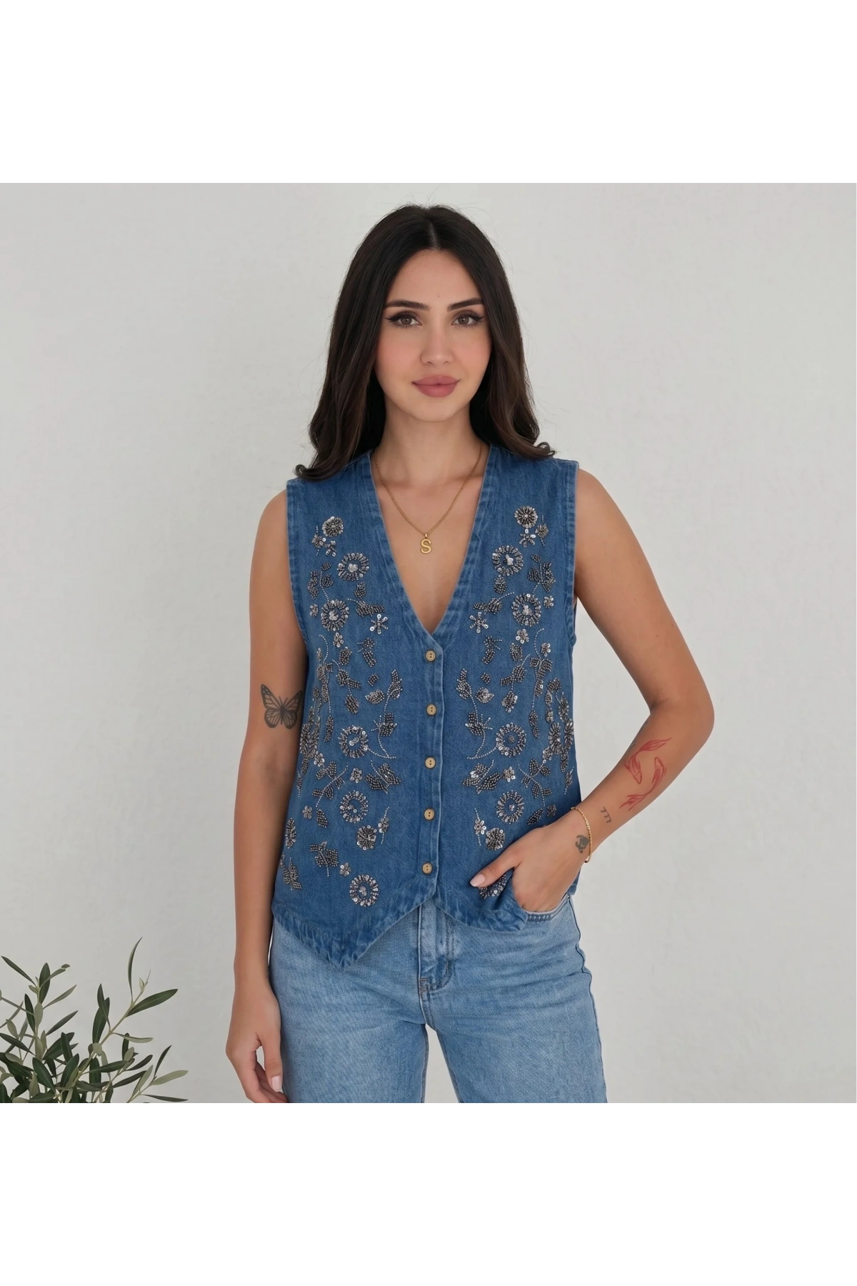 Kadın Mavi Taş İşlemeli Jean Yelek Pamuklu V Yaka Denim Payetli Sıfır Kol