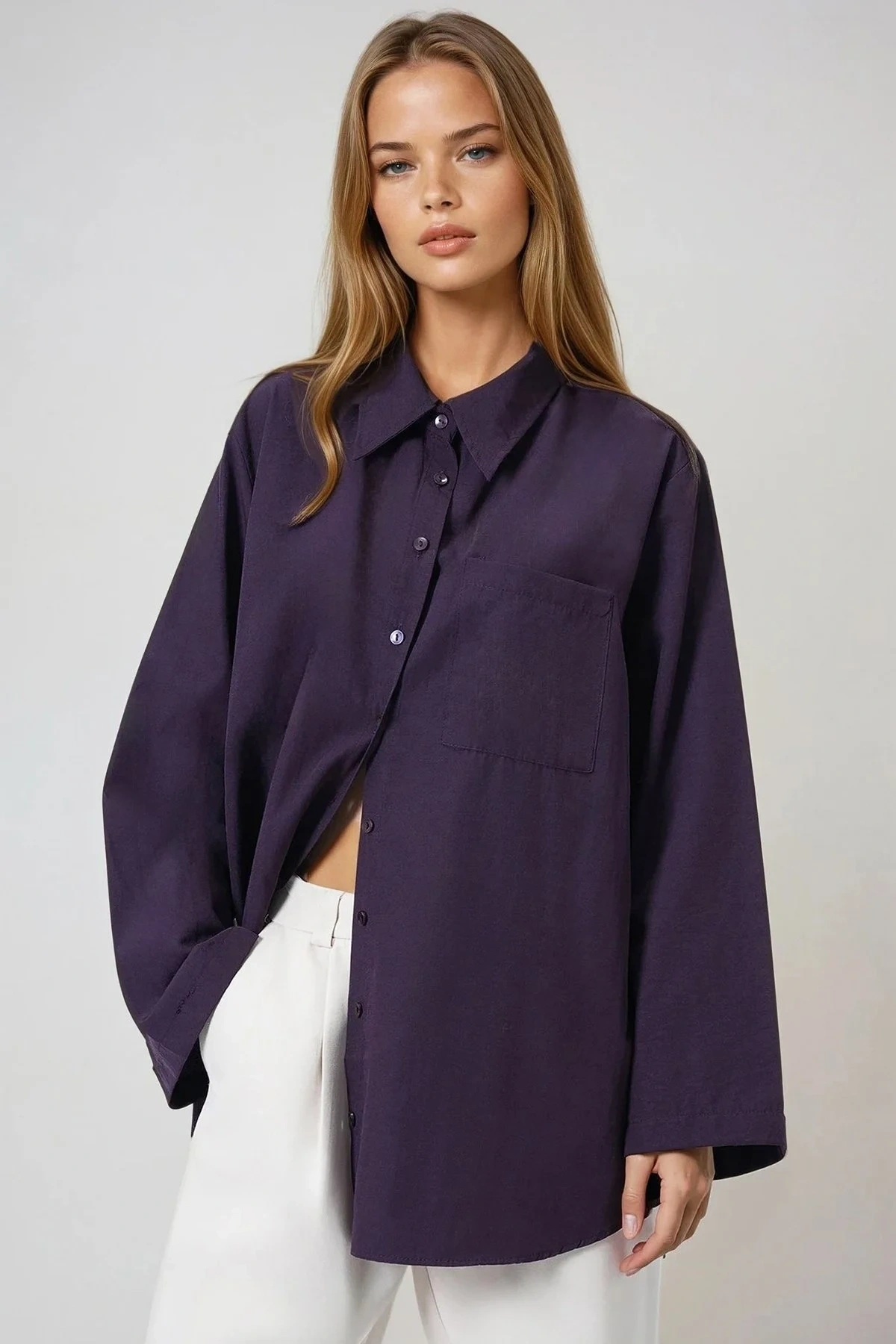 Kadın Mor Uzun Kollu Tek Cepli Geniş Manşetli Oversize Keten Karışımlı Tunik Gömlek