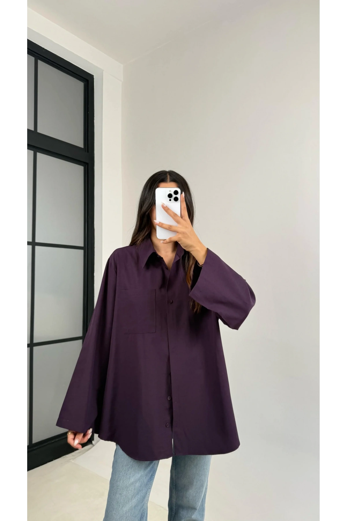 Kadın Mor Uzun Kollu Tek Cepli Geniş Manşetli Oversize Keten Karışımlı Tunik Gömlek