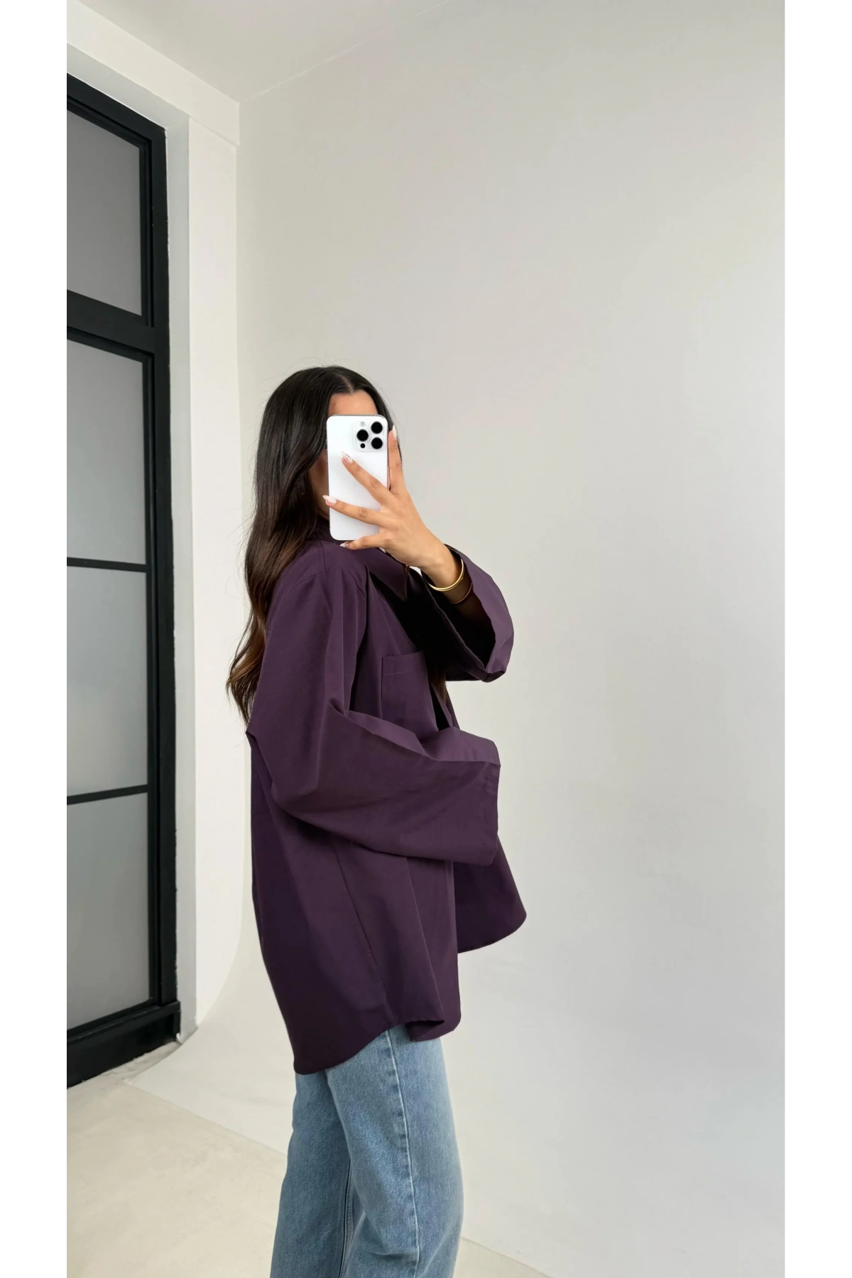 Kadın Mor Uzun Kollu Tek Cepli Geniş Manşetli Oversize Keten Karışımlı Tunik Gömlek