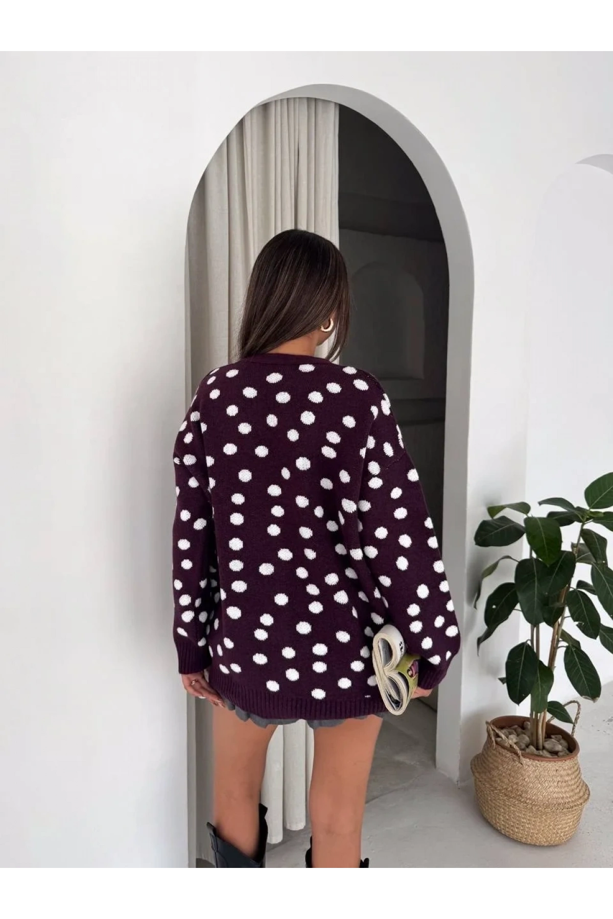 Kadın Mor Puantiyeli Oversize Düğmeli Pamuklu Triko Hırka