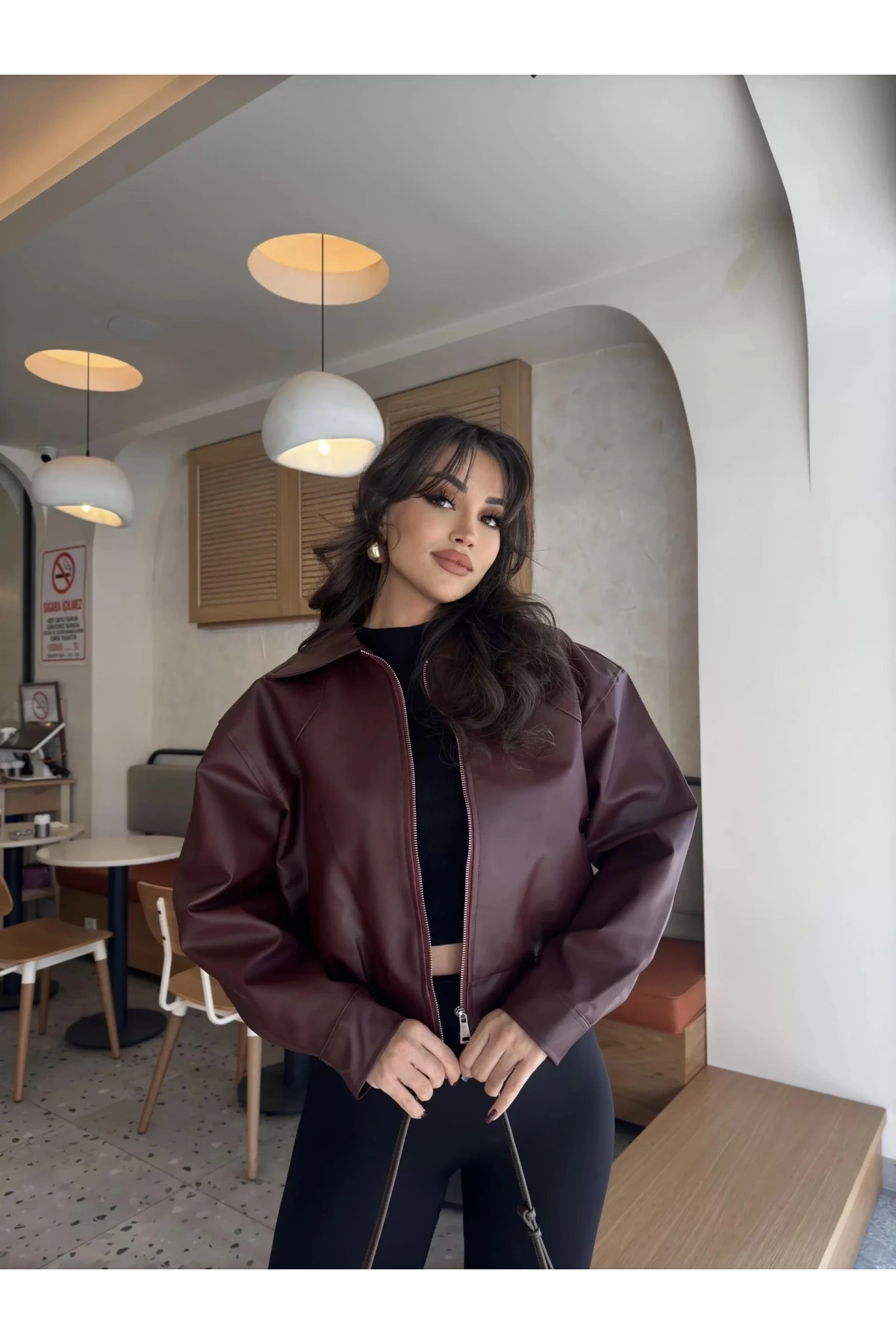 Kadın Mürdüm Gömlek Yaka Fermuarlı Cepli Kol Düğmeli Oversize Bomber Vegan Deri Ceket Mont