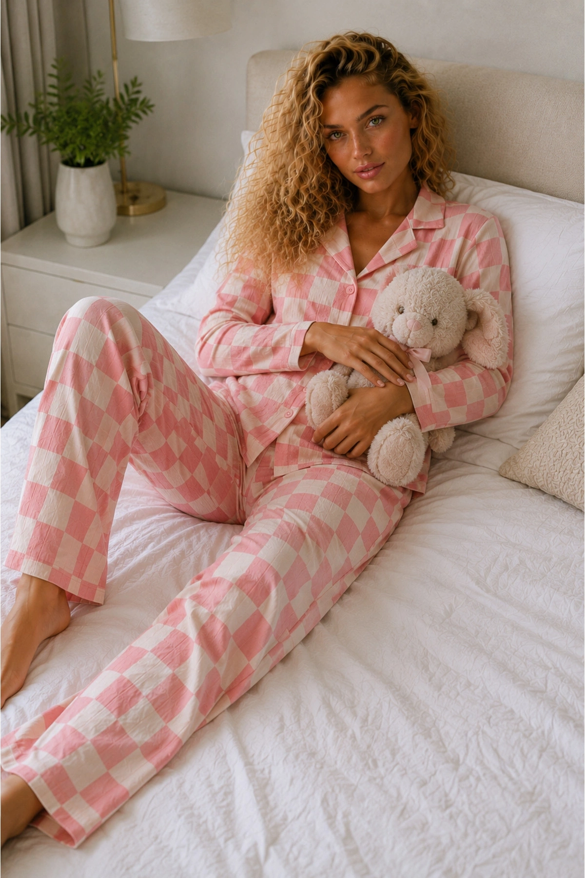 Kadın Pembe Damalı Gömlek Yaka Düğmeli Uzun Kollu Pantolonlu Pamuklu Pijama Takımı