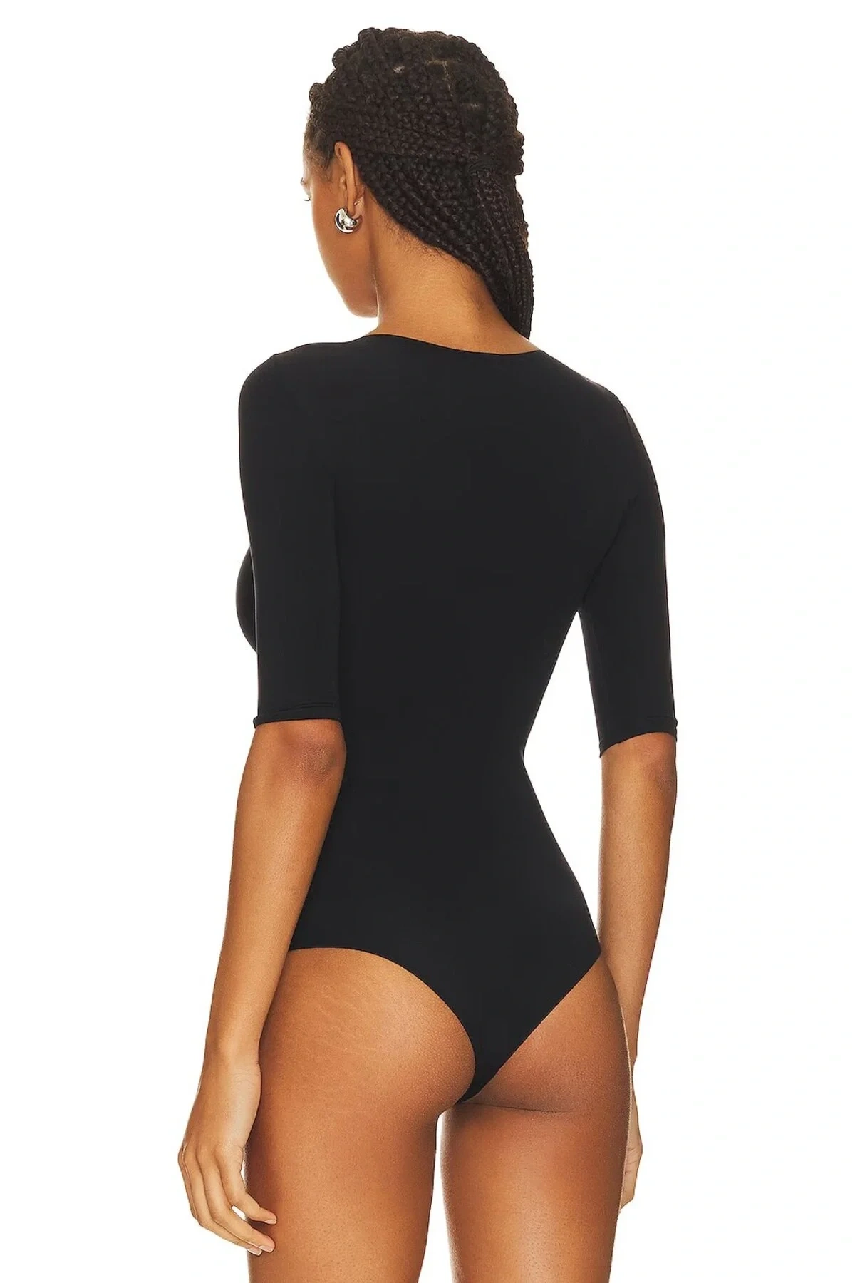 Kadın Siyah Bisiklet Yaka Yarım Kol Alttan Çıtçıtlı Çift Kat İpek Jarse Basic Tanga Bodysuit