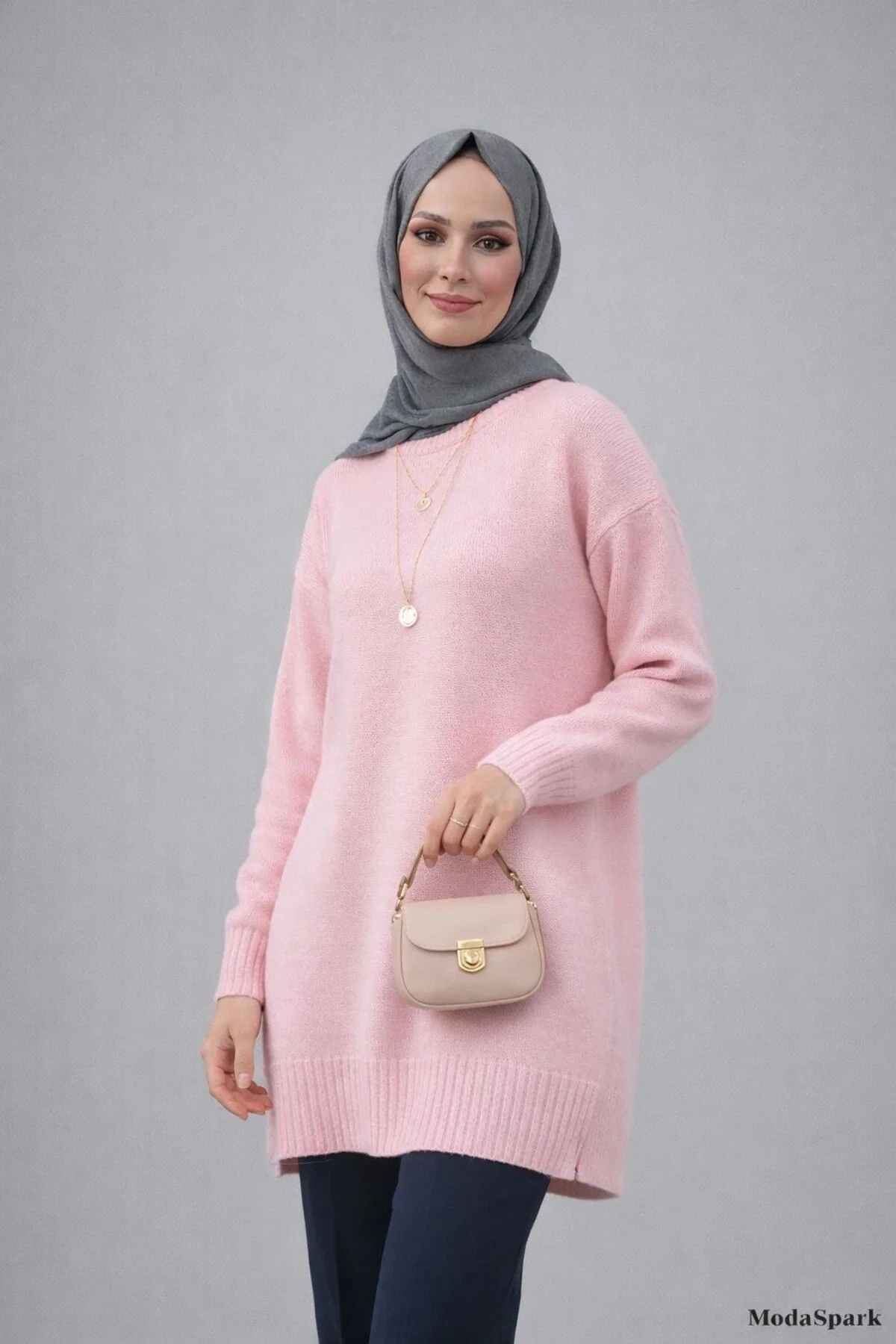 Kadın Pembe Bisiklet Yaka Uzun Balon Kollu Oversize Yumuşak Triko Tunik Kazak