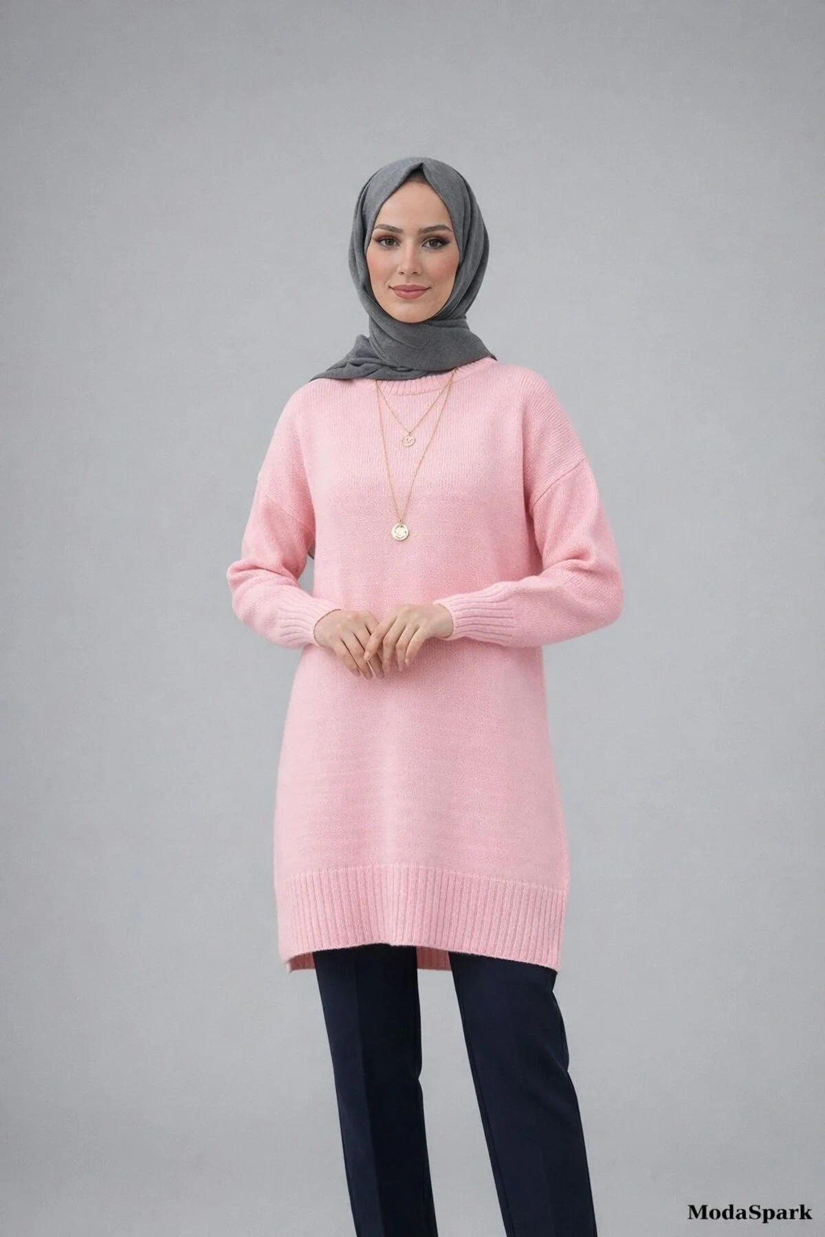 Kadın Pembe Bisiklet Yaka Uzun Balon Kollu Oversize Yumuşak Triko Tunik Kazak