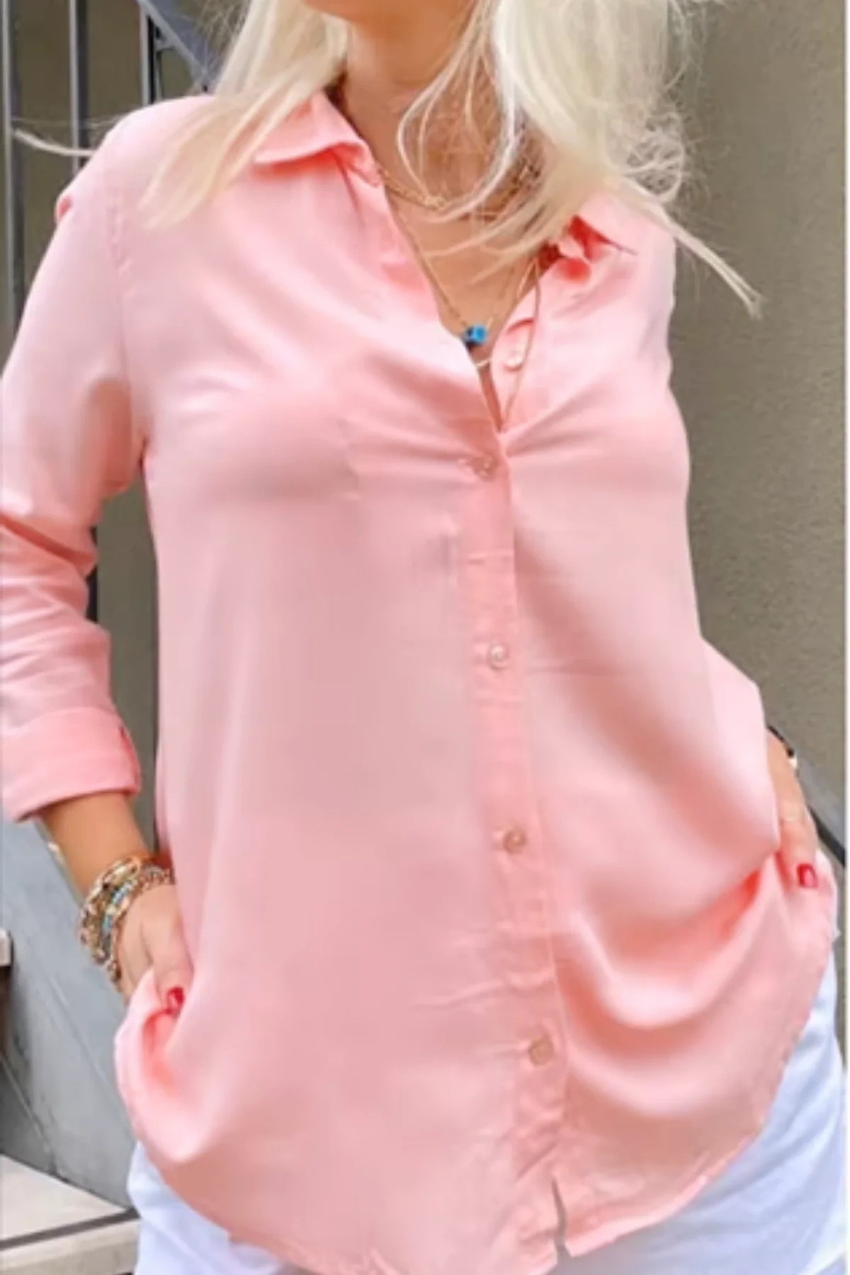 Kadın Pembe Düz Renk Dokuma Uzun Kollu Manşetli Düğmeli Pamuklu Viskon Basic Gömlek