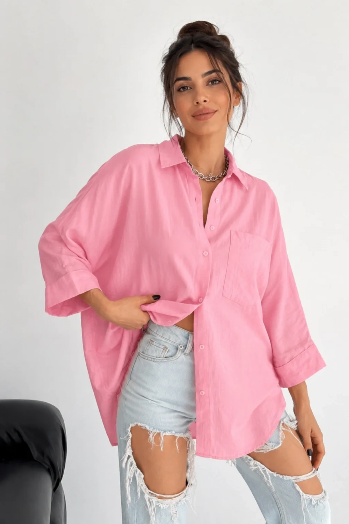 Kadın Pembe Pamuklu Oversize Fakir Kol Gömlek Geniş Kalıp Salaş Bluz Cepli
