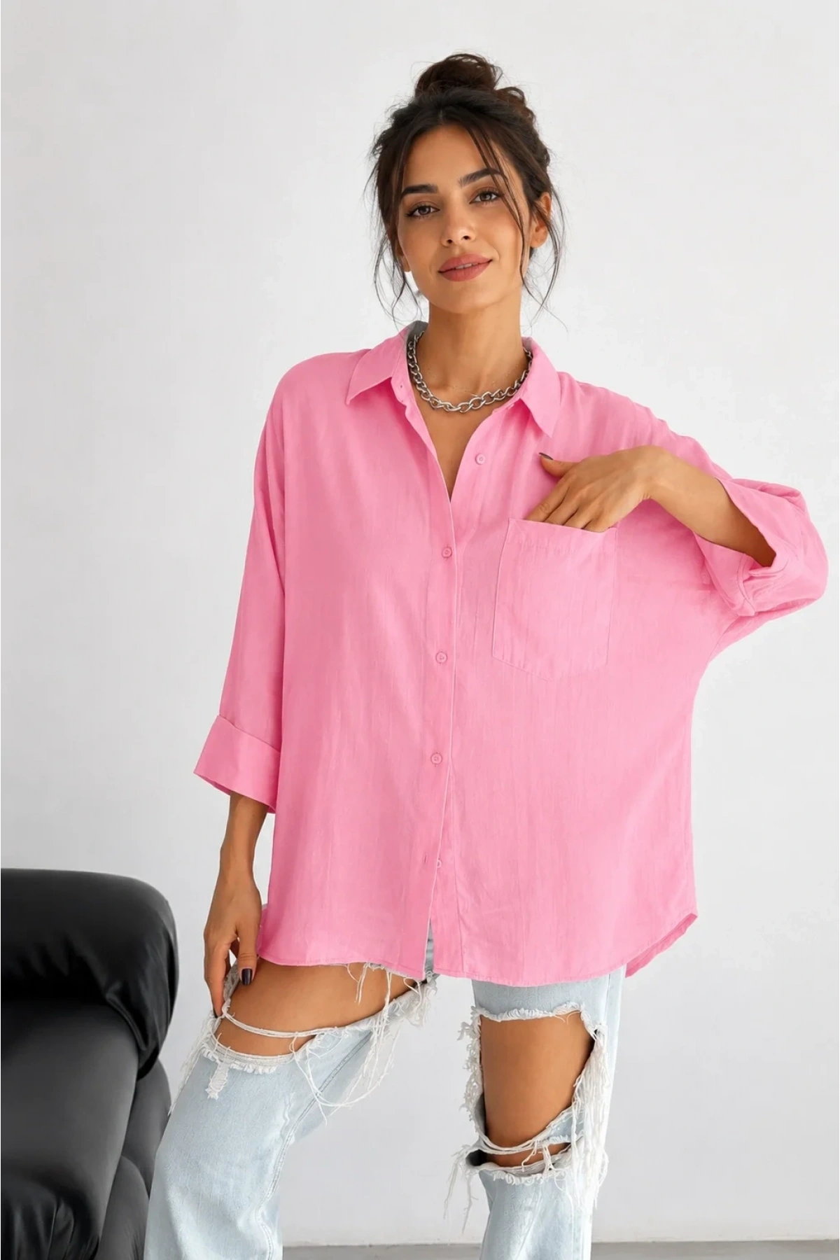 Kadın Pembe Pamuklu Oversize Fakir Kol Gömlek Geniş Kalıp Salaş Bluz Cepli