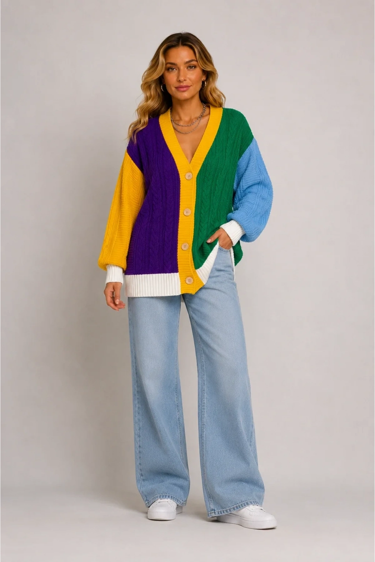 Kadın Renk Bloklu Pamuklu Triko Oversize Pinterest Hırka