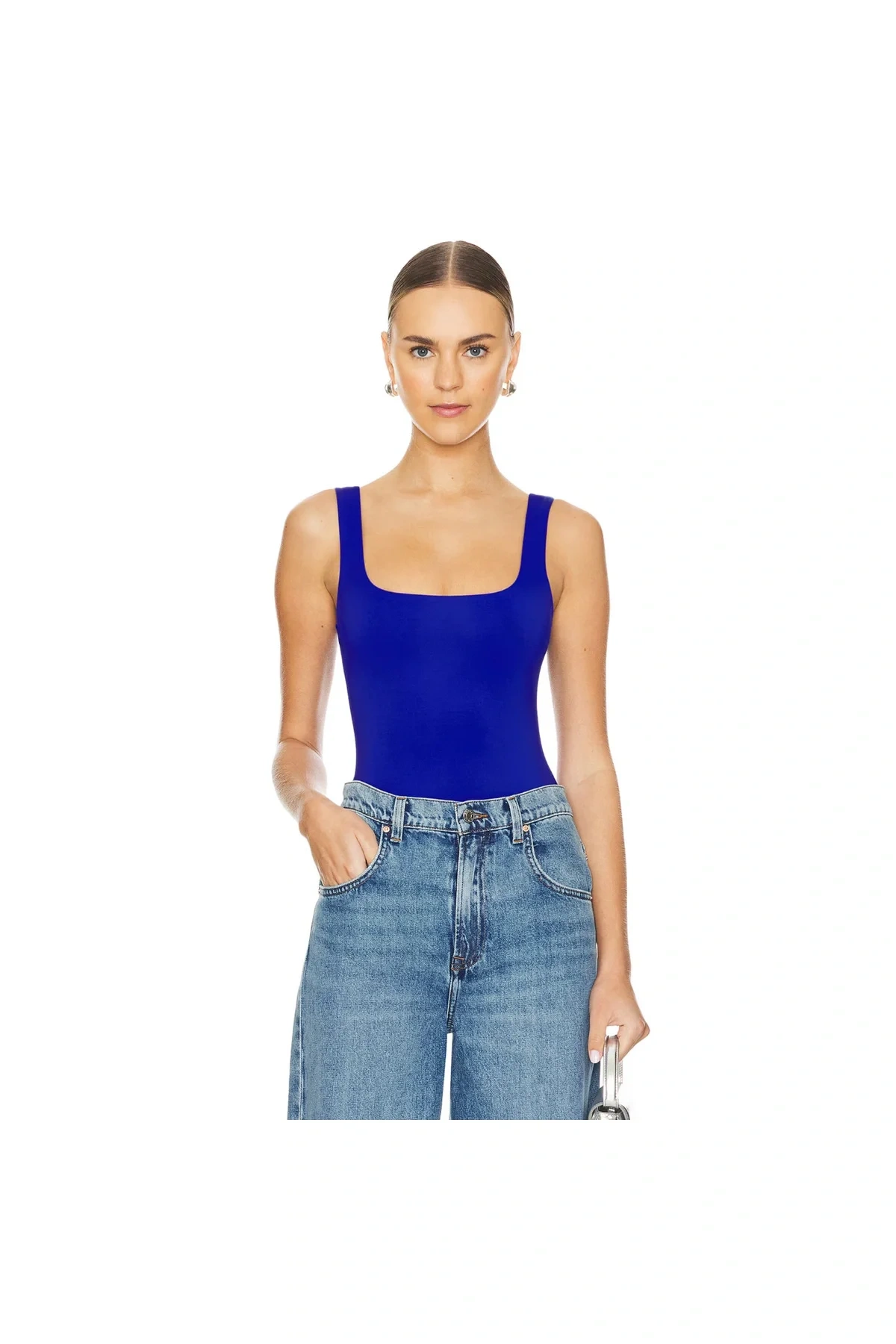 Kadın Saks Mavisi Sıfır Kol Kare Yaka Çıtçıtlı Çift Kat İpek Jarse Basic Tanga Bodysuit