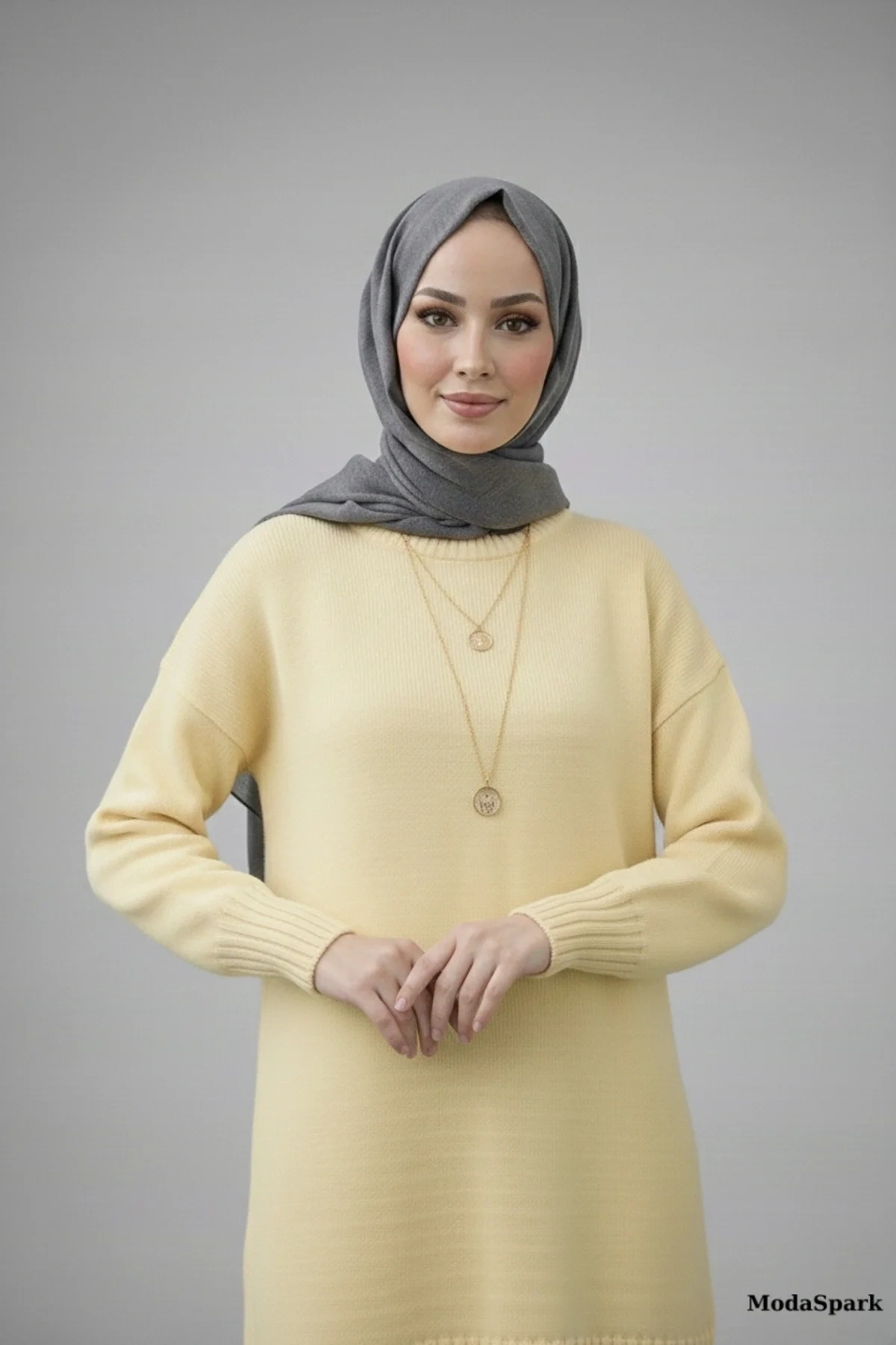 Kadın Sarı Bisiklet Yaka Uzun Balon Kollu Oversize Yumuşak Triko Tunik Kazak
