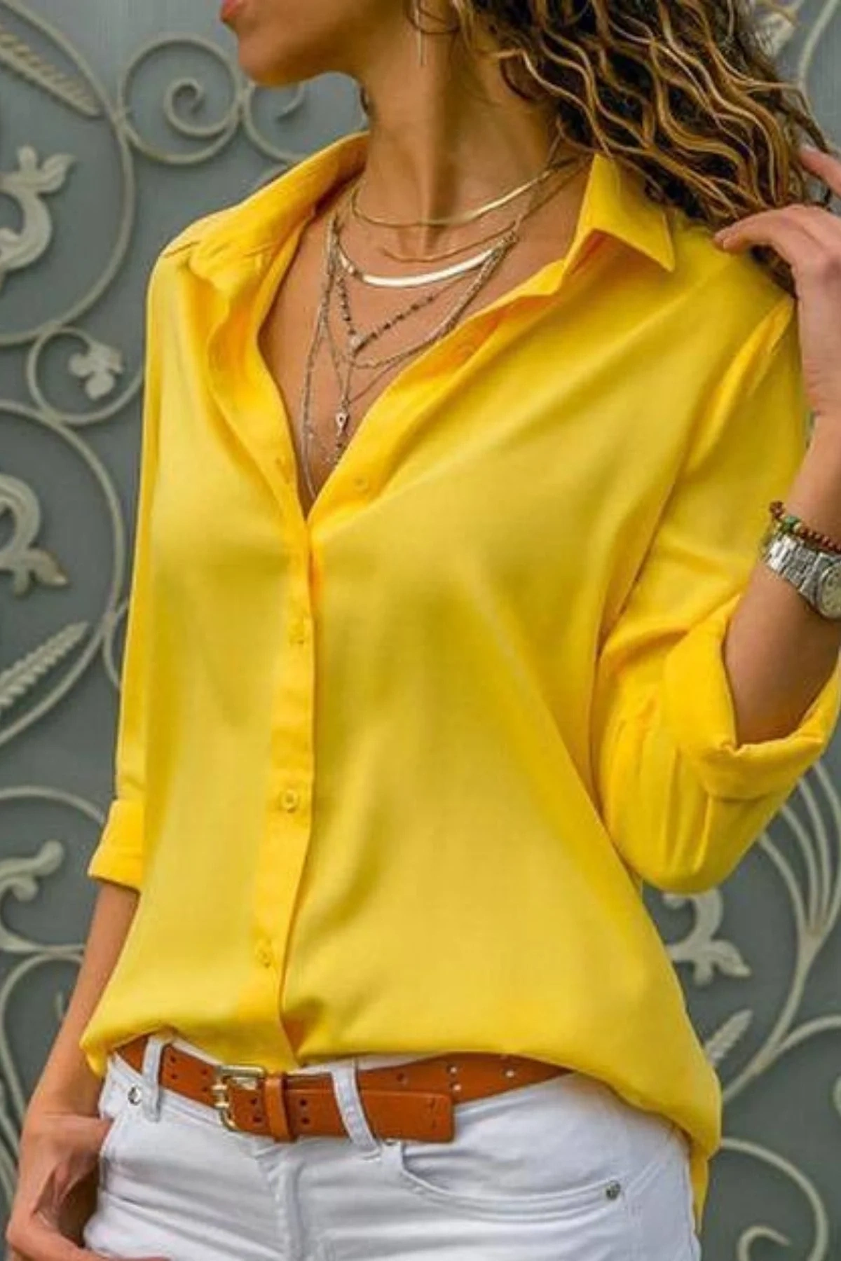 Kadın Sarı Düz Renk Dokuma Uzun Kollu Manşetli Düğmeli Pamuklu Viskon Basic Gömlek
