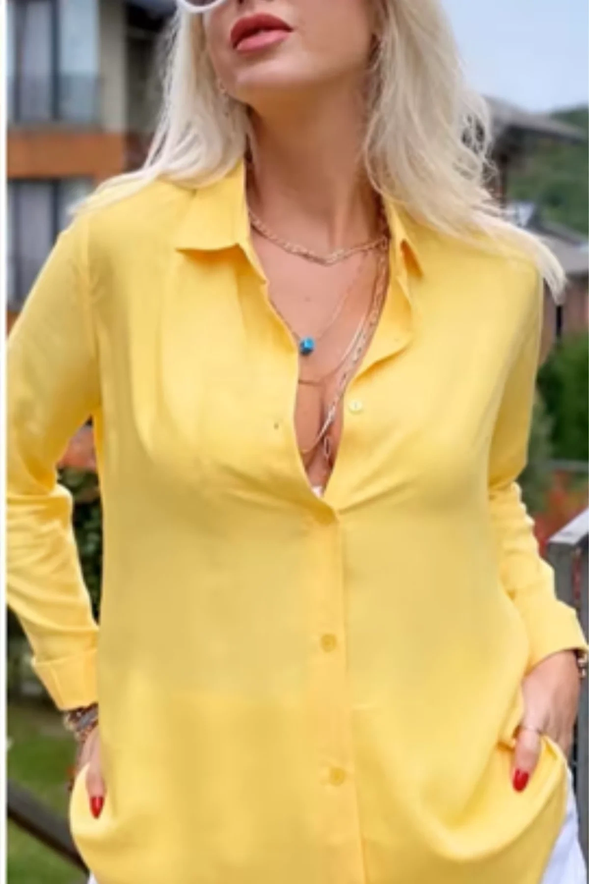 Kadın Sarı Düz Renk Dokuma Uzun Kollu Manşetli Düğmeli Pamuklu Viskon Basic Gömlek