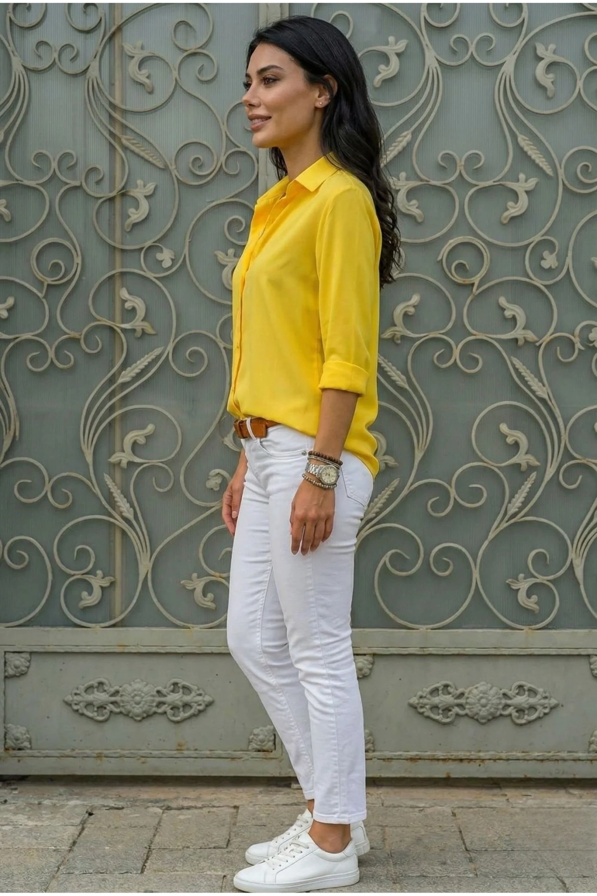 Kadın Sarı Düz Renk Dokuma Uzun Kollu Manşetli Düğmeli Pamuklu Viskon Basic Gömlek