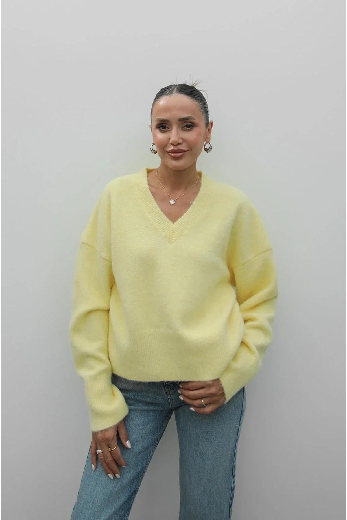 Kadın Sarı Pamuklu V Yaka Oversize Basic Triko Pinterest Kazak