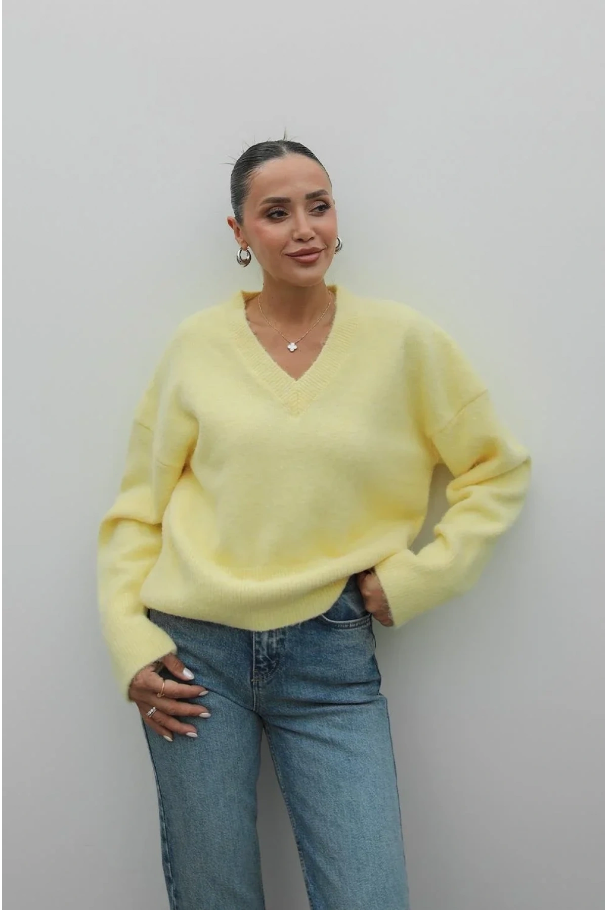 Kadın Sarı Pamuklu V Yaka Oversize Basic Triko Pinterest Kazak