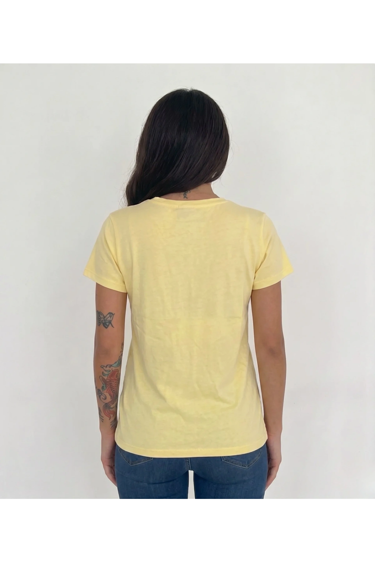 Kadın Sarı V Yaka %100 Pamuklu Boncuk Nakış İşlemeli T-Shirt Çiçekli