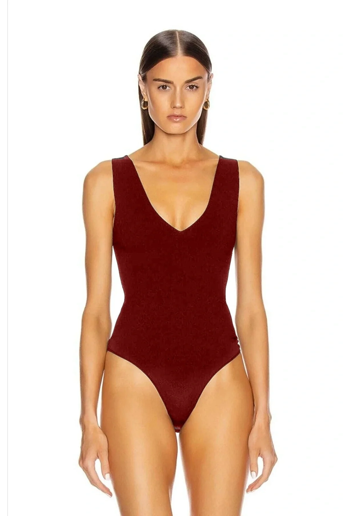 Kadın Bordo Kalın Askılı V Yaka Alttan Çıtçıtlı Çift Kat Sandy Basic Tanga Bodysuit