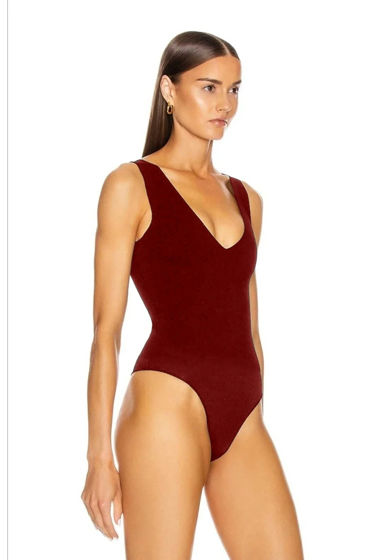 Kadın Bordo Kalın Askılı V Yaka Alttan Çıtçıtlı Çift Kat Sandy Basic Tanga Bodysuit