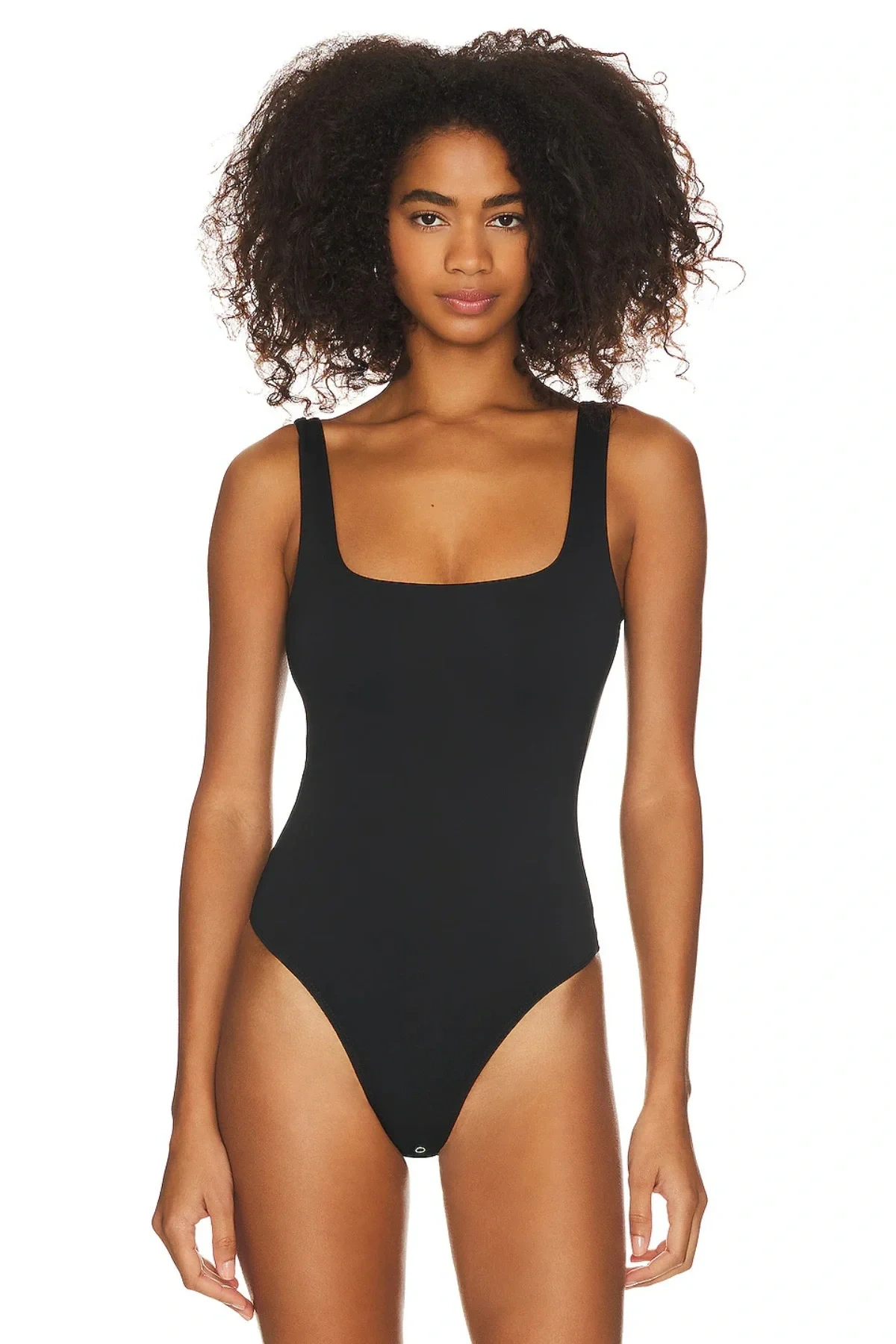 Kadın Siyah Kalın Askılı Sırtı Açık Kare Yaka Çıtçıtlı Çift Kat Sandy Tanga Bodysuit