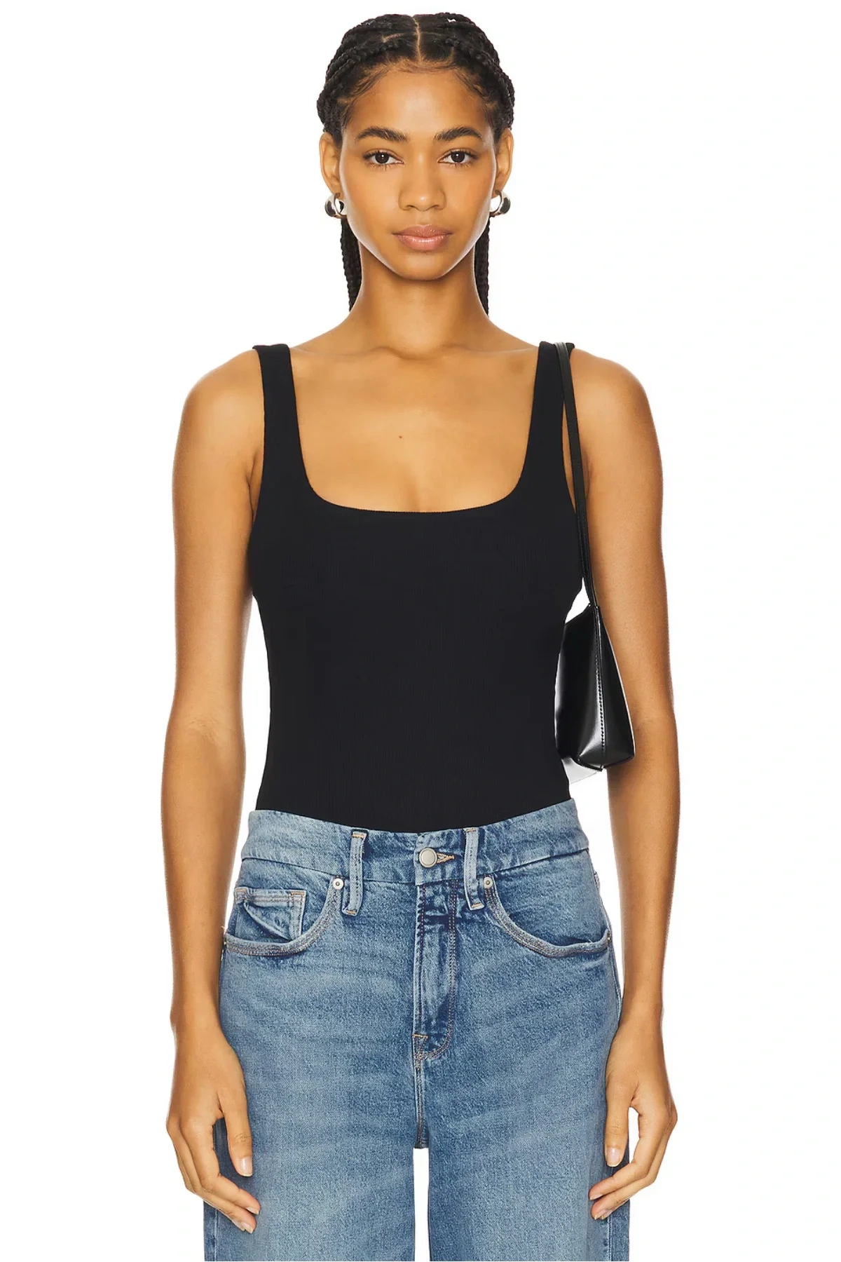 Kadın Siyah Sıfır Kol Kare Yaka Sırt Dekolteli Çıtçıtlı Çift Kat Sandy Basic Tanga Bodysuit