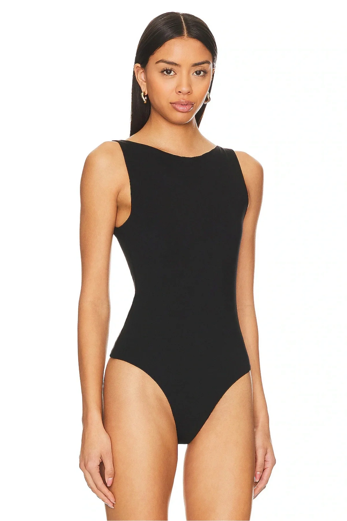 Kadın Siyah Sıfır Kol Kayık Yaka Alttan Çıtçıtlı Çift Kat Sandy Kumaş Basic Tanga Bodysuit