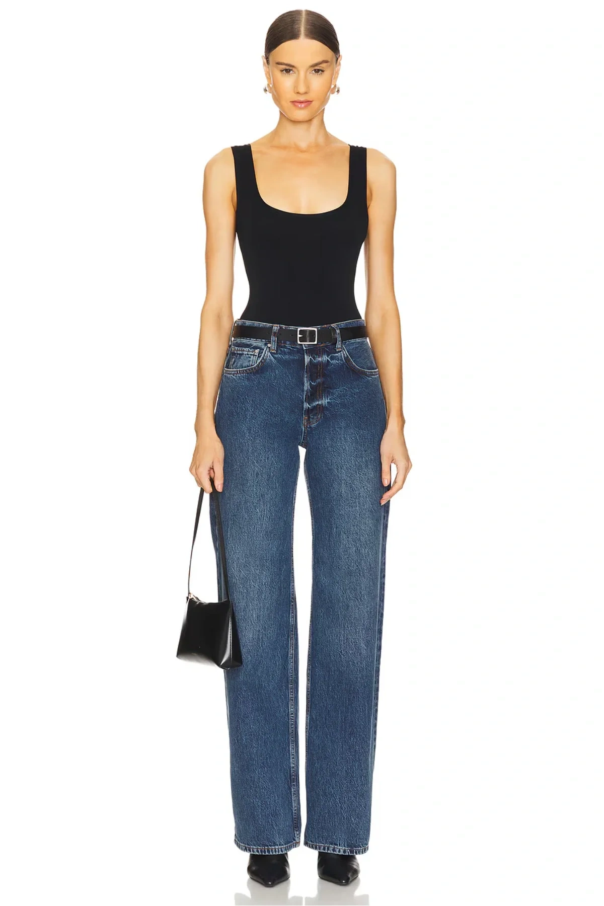 Kadın Siyah U Yaka Sıfır Kol Sırtı Açık Alttan Çıtçıtlı Çift Kat Sandy Basic Tanga Bodysuit