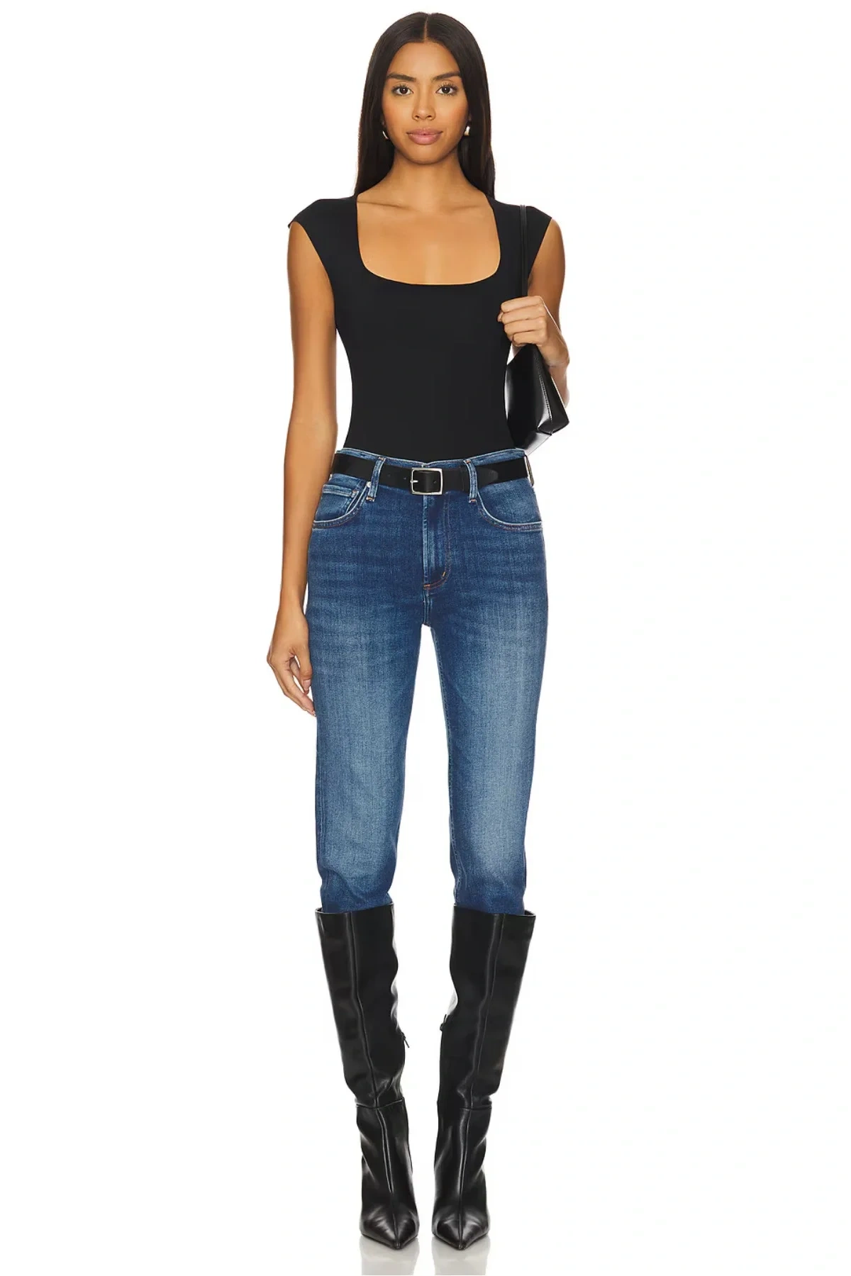 Kadın Siyah Sıfır Kol Geniş U Yaka Alttan Çıtçıtlı Çift Kat Sandy Kumaş Basic Tanga Bodysuit