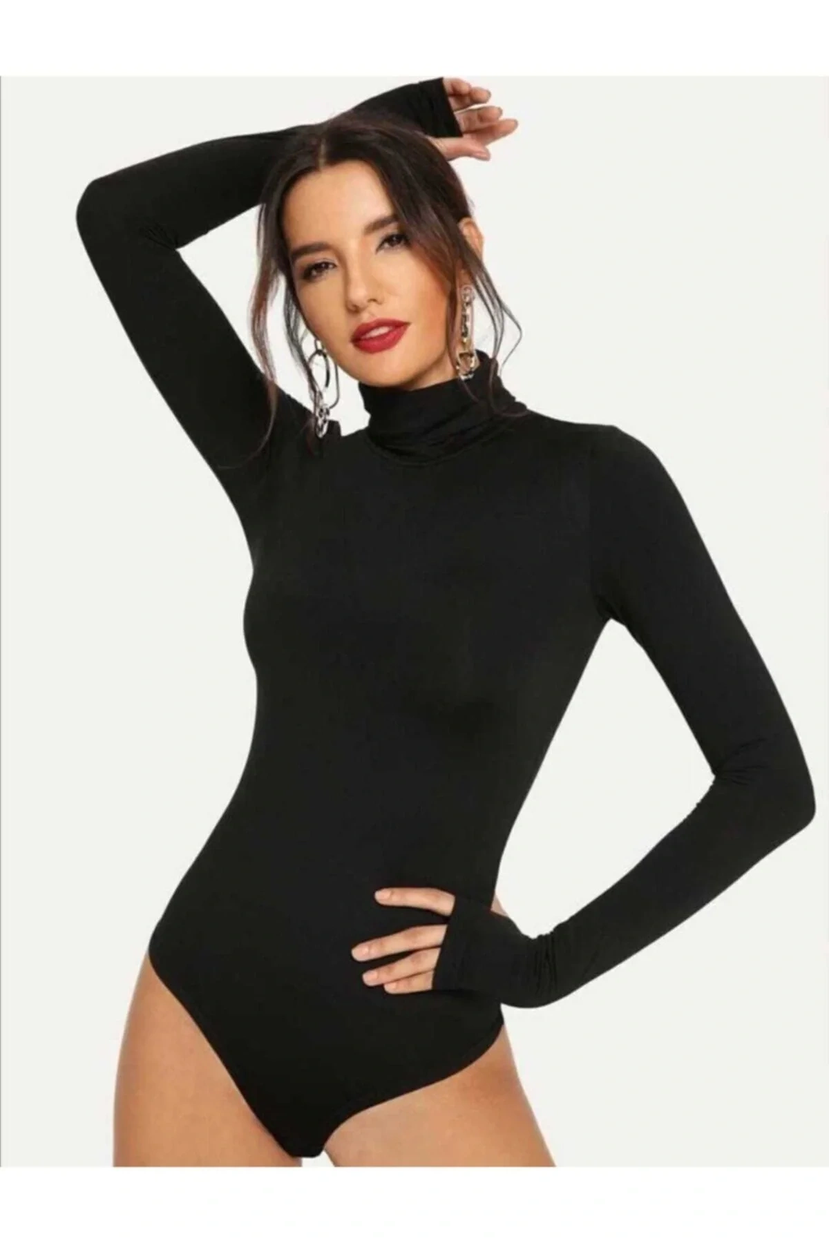 Kadın Siyah Balıkçı Yaka Parmak Geçmeli Uzun Kol Çıtçıtlı Esnek Sandy Basic Tanga Bodysuit