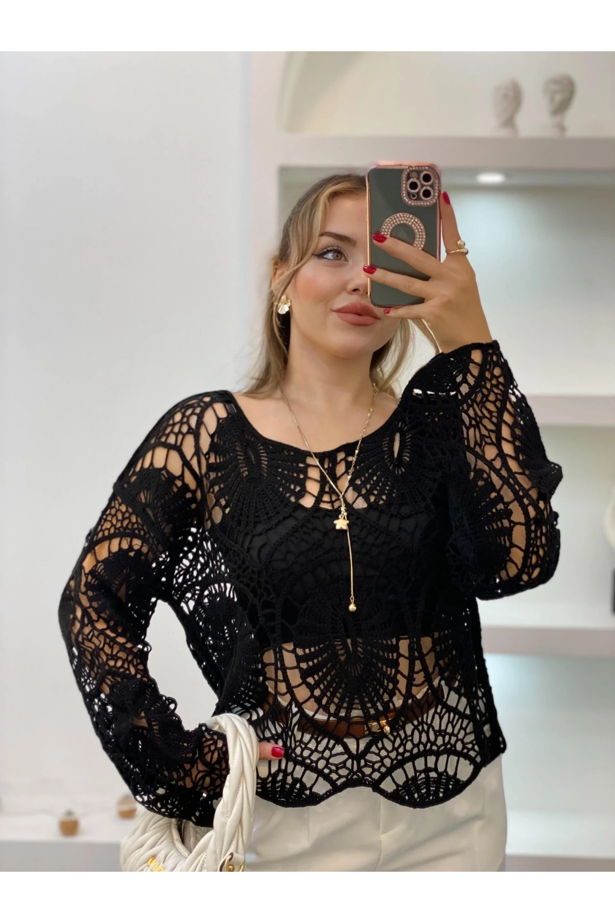 Kadın Siyah Crochet Örgü Desenli Ajurlu Transparan Uzun Kol Dantel Triko Pinterest Bluz