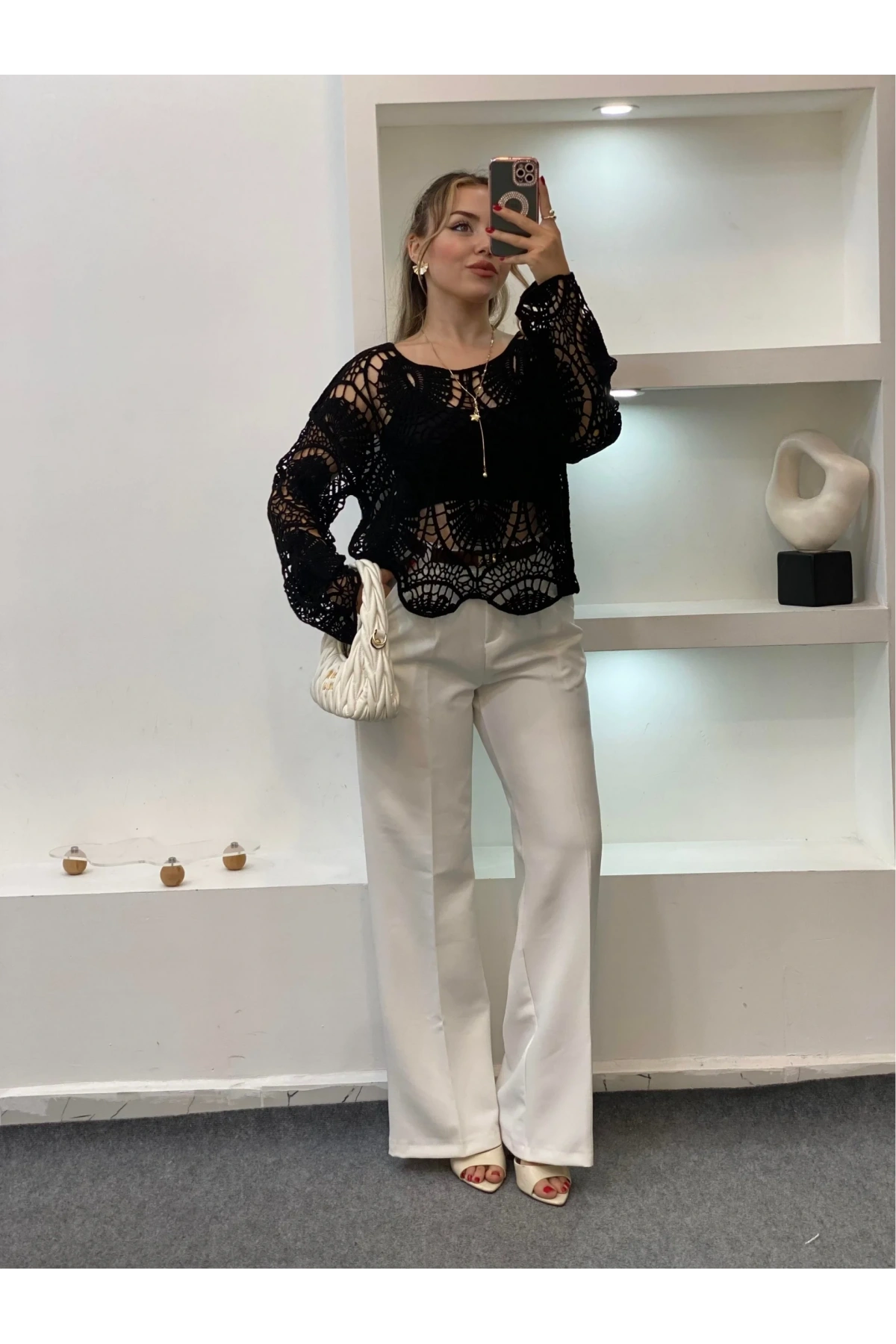 Kadın Siyah Crochet Örgü Desenli Ajurlu Transparan Uzun Kol Dantel Triko Pinterest Bluz