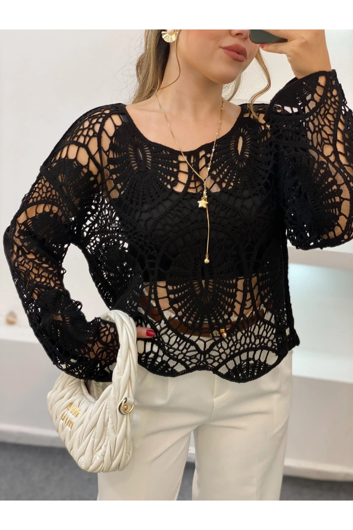 Kadın Siyah Crochet Örgü Desenli Ajurlu Transparan Uzun Kol Dantel Triko Pinterest Bluz