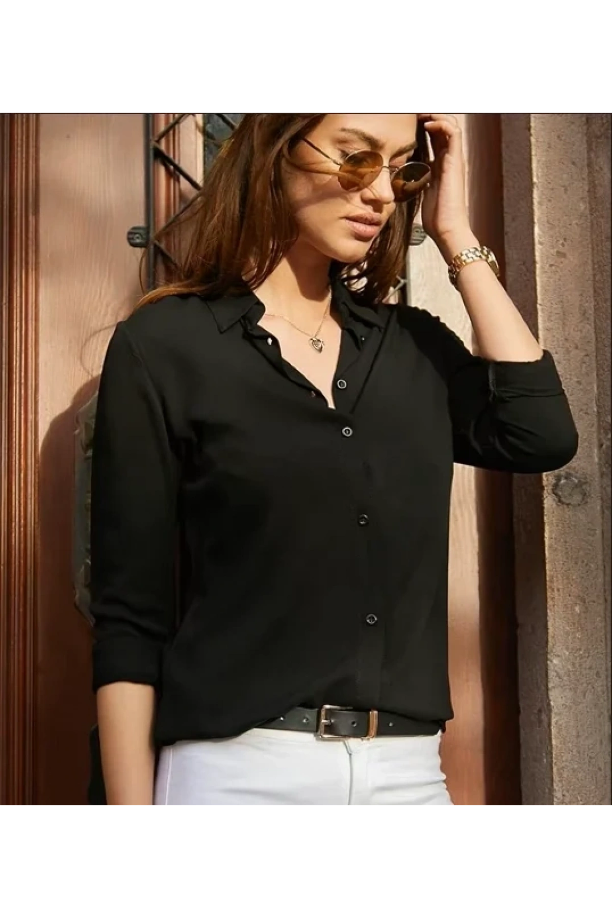 Kadın Siyah Düz Renk Dokuma Uzun Kollu Manşetli Düğmeli Pamuklu Viskon Basic Gömlek