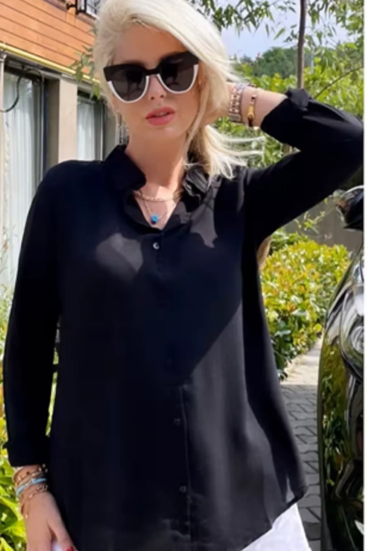 Kadın Siyah Düz Renk Dokuma Uzun Kollu Manşetli Düğmeli Pamuklu Viskon Basic Gömlek