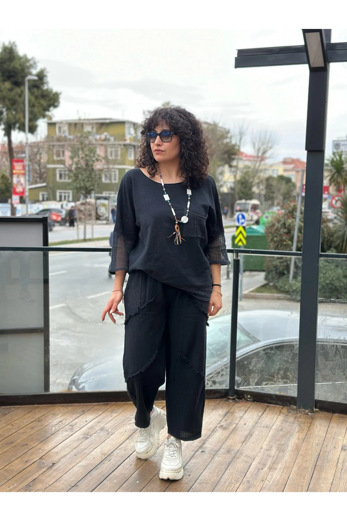 Kadın Siyah Keten Cepli Yıkamalı Bohem Pinterest Salaş Bol Paça Pantolon Yüksek Bel