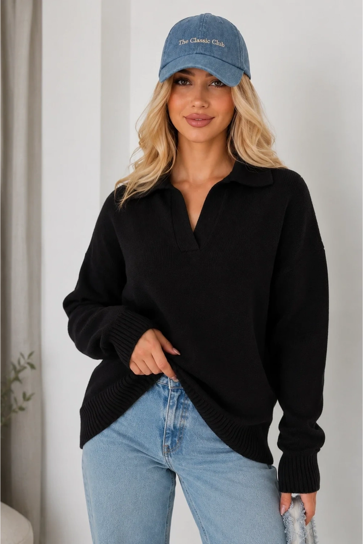 Kadın Siyah Pamuklu Polo Yaka Oversize Triko Kazak