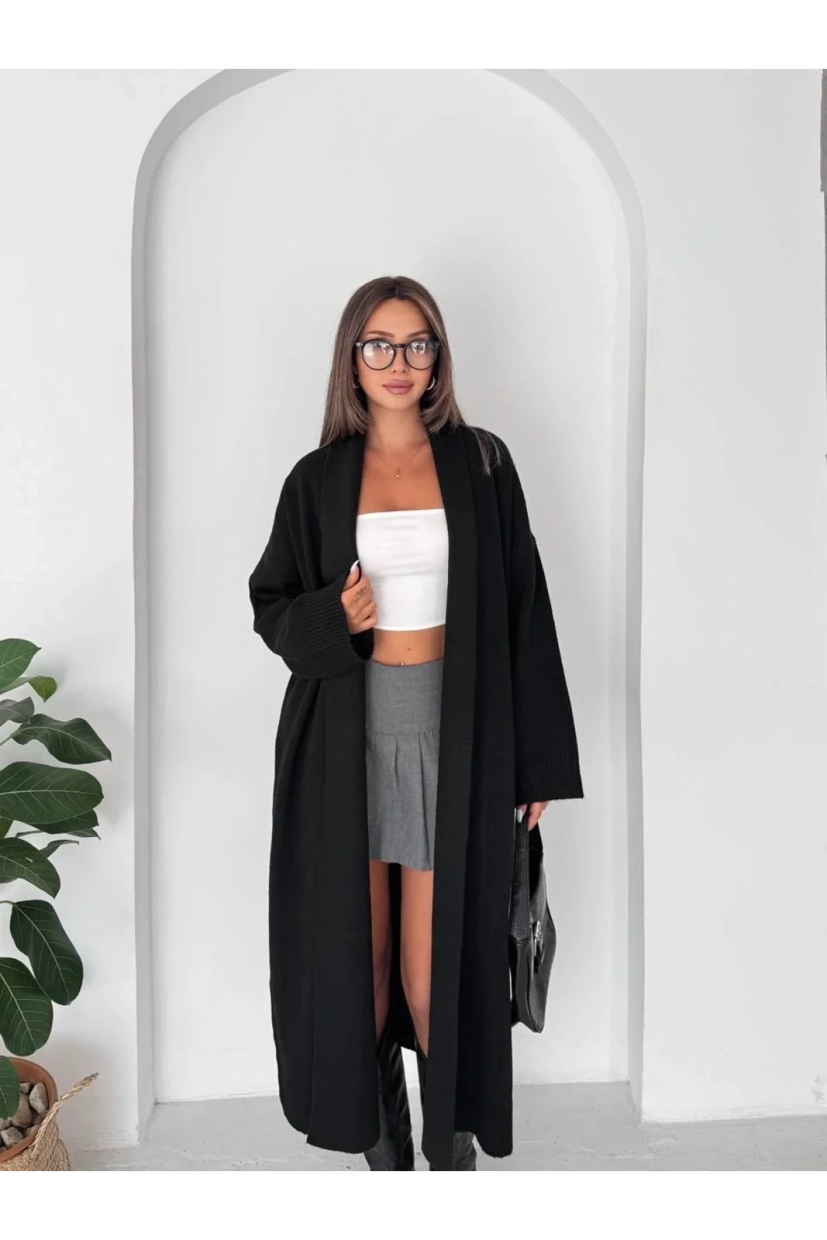 Kadın Siyah Pamuklu Uzun Kimono Yaka Oversize Triko Hırka