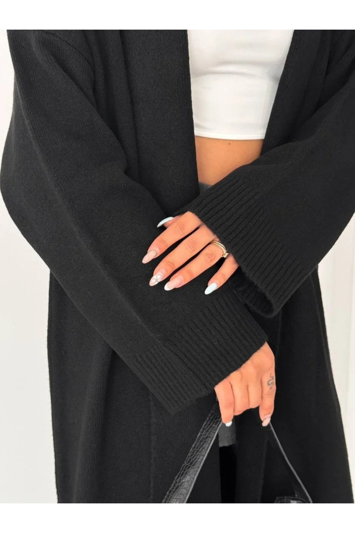 Kadın Siyah Pamuklu Uzun Kimono Yaka Oversize Triko Hırka