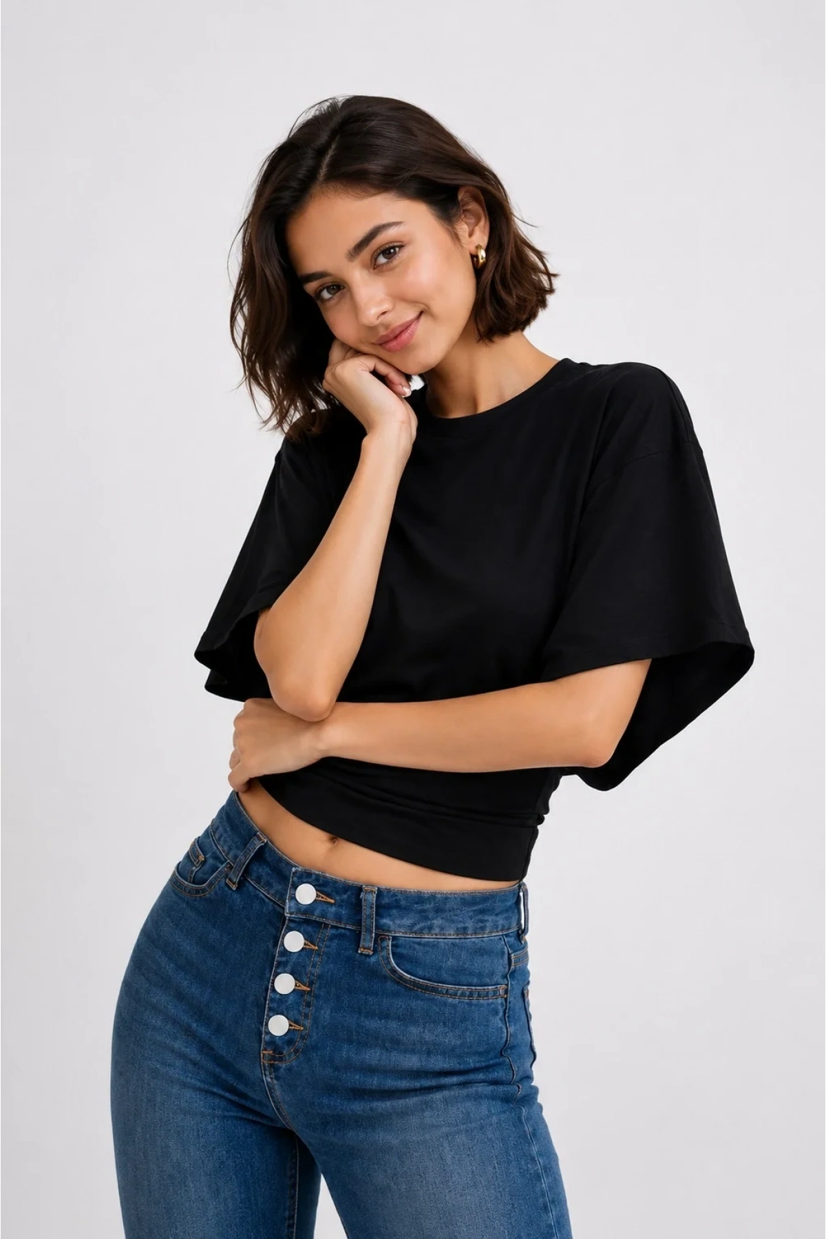 Kadın Siyah Pamuklu Yarasa Kol Beli Oturtmalı Crop Bluz T-Shirt