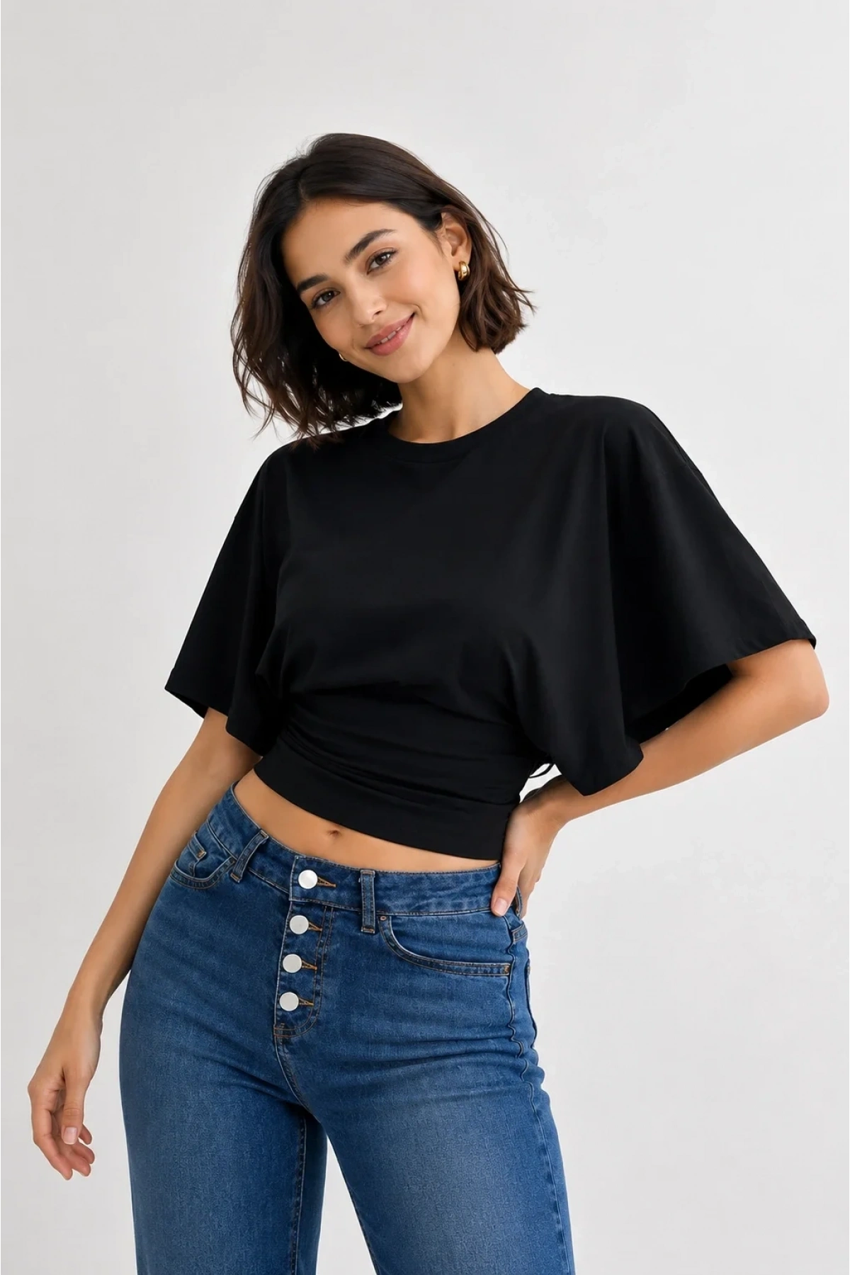 Kadın Siyah Pamuklu Yarasa Kol Beli Oturtmalı Crop Bluz T-Shirt