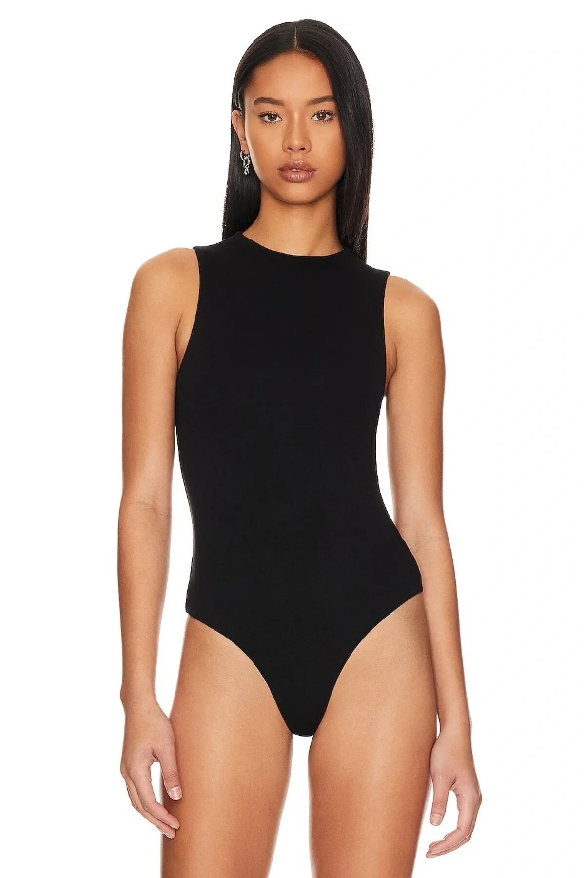 Kadın Siyah Bisiklet Yaka Sıfır Kol Alttan Çıtçıtlı Çift Kat İpek Jarse Basic Tanga Bodysuit