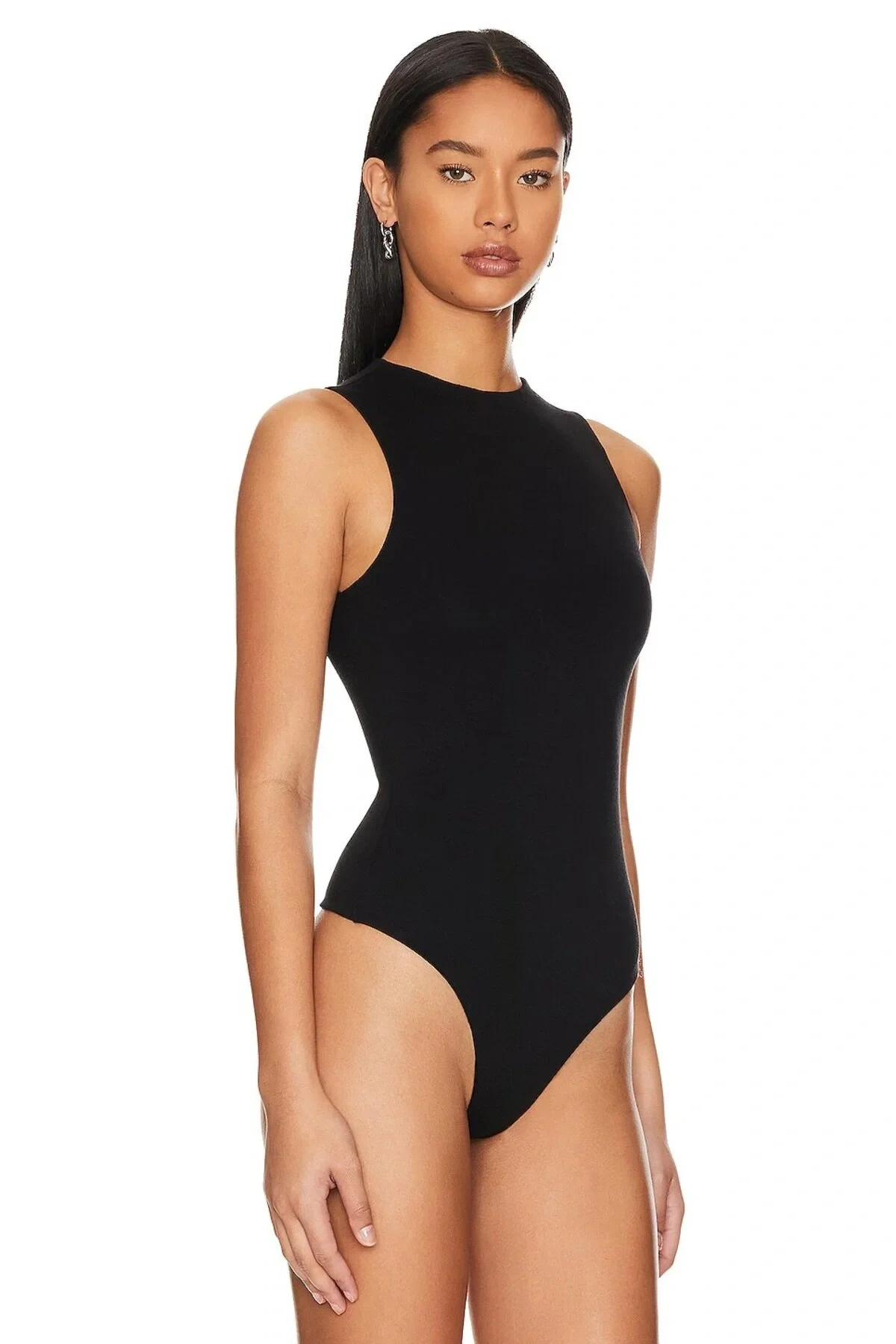 Kadın Siyah Bisiklet Yaka Sıfır Kol Alttan Çıtçıtlı Çift Kat İpek Jarse Basic Tanga Bodysuit