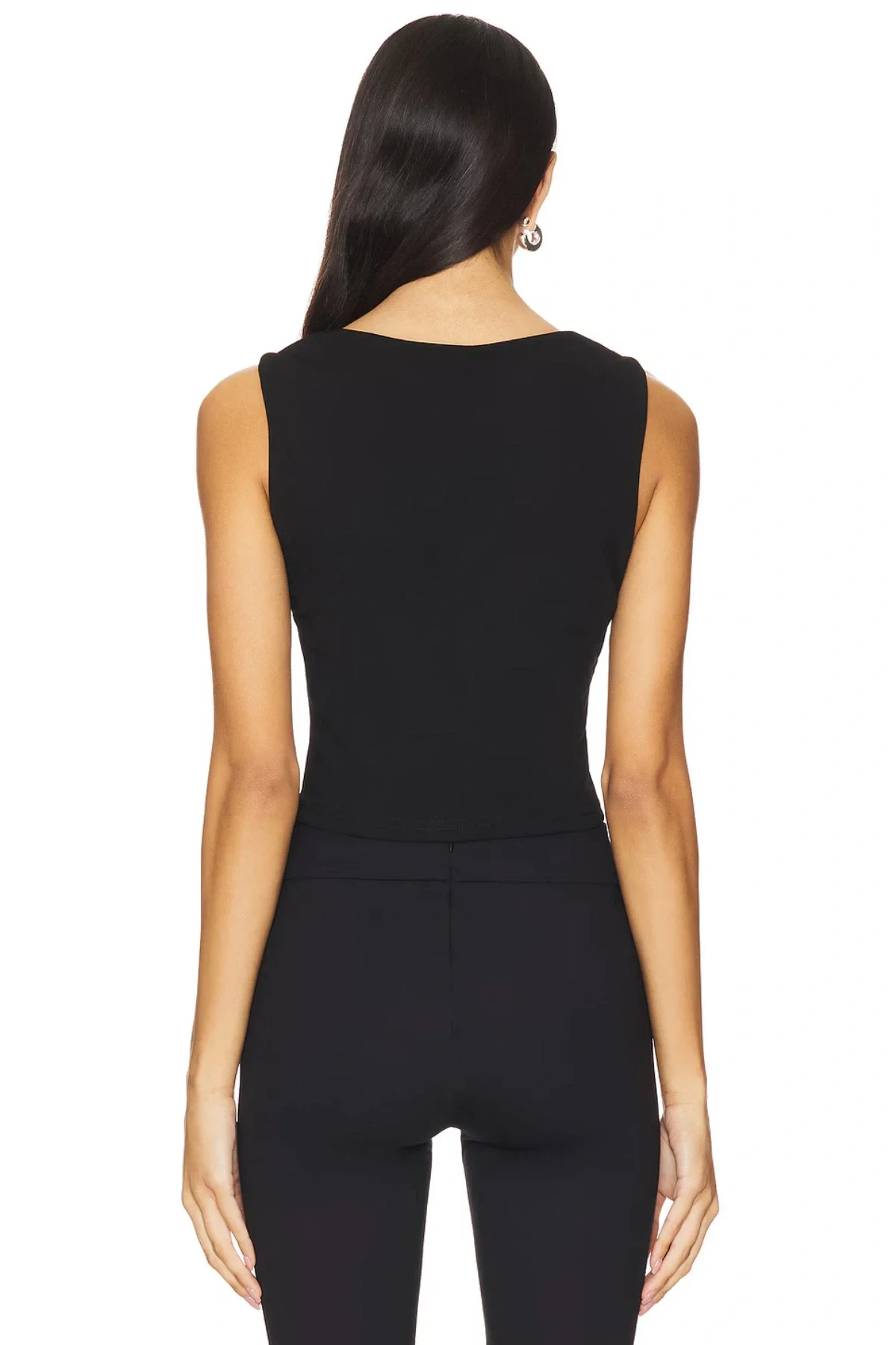 Kadın Siyah Sıfır Kol U Yaka Çift Kat Esnek Sandy Kumaş Basic Crop Top