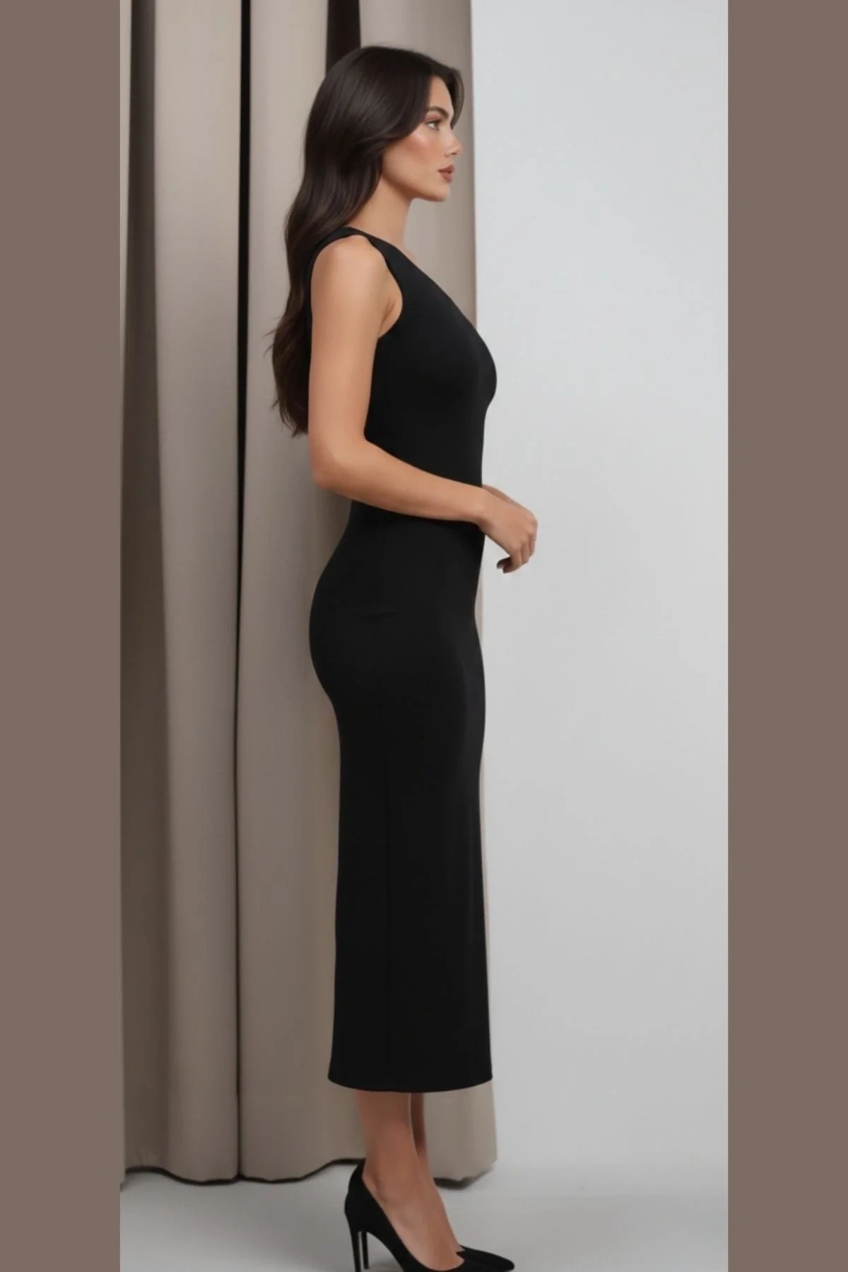 Kadın Siyah Asimetrik Yaka Tek Omuz Sandy Kumaş Vücudu Saran Bodycon Maxi Uzun Elbise