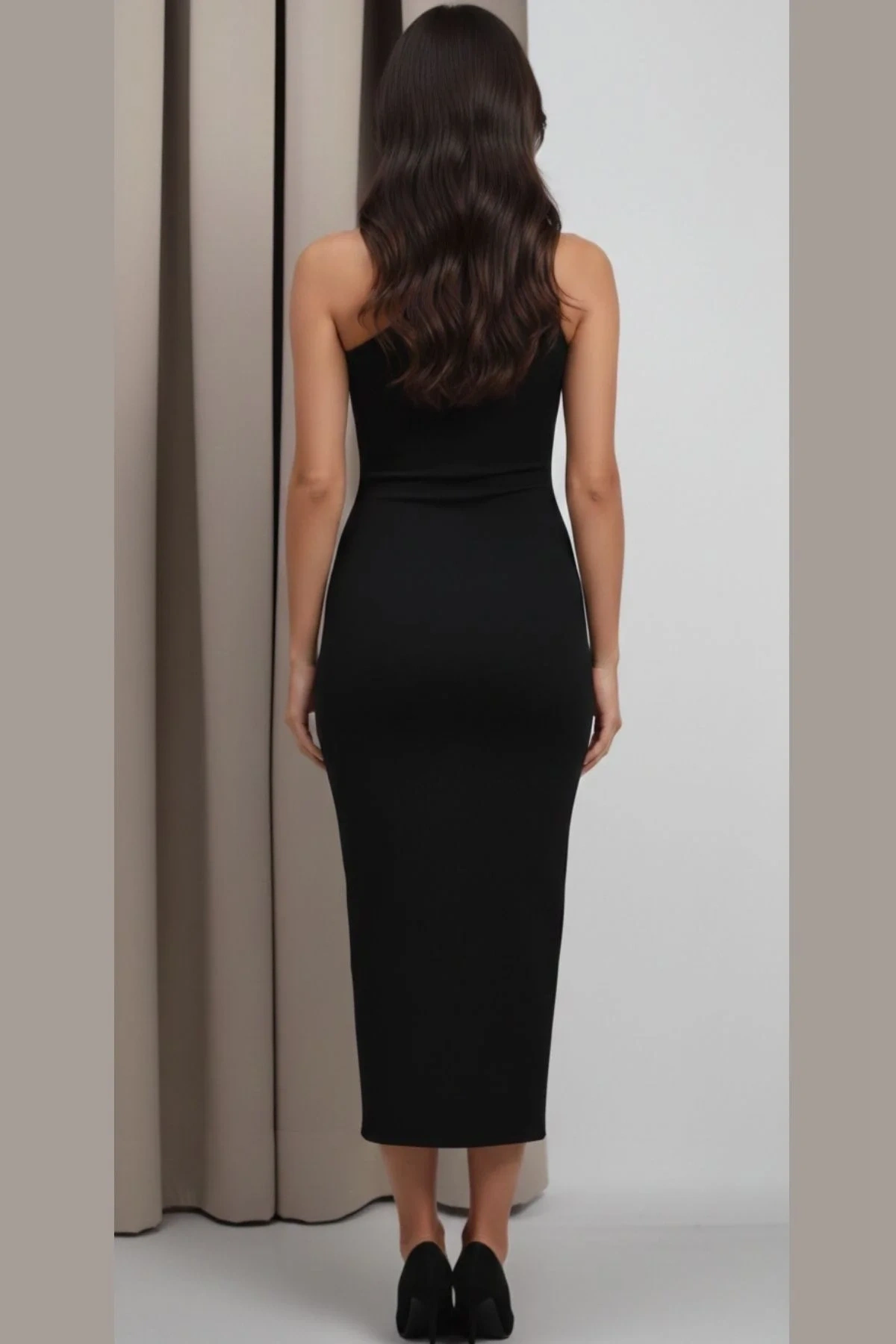 Kadın Siyah Asimetrik Yaka Tek Omuz Sandy Kumaş Vücudu Saran Bodycon Maxi Uzun Elbise